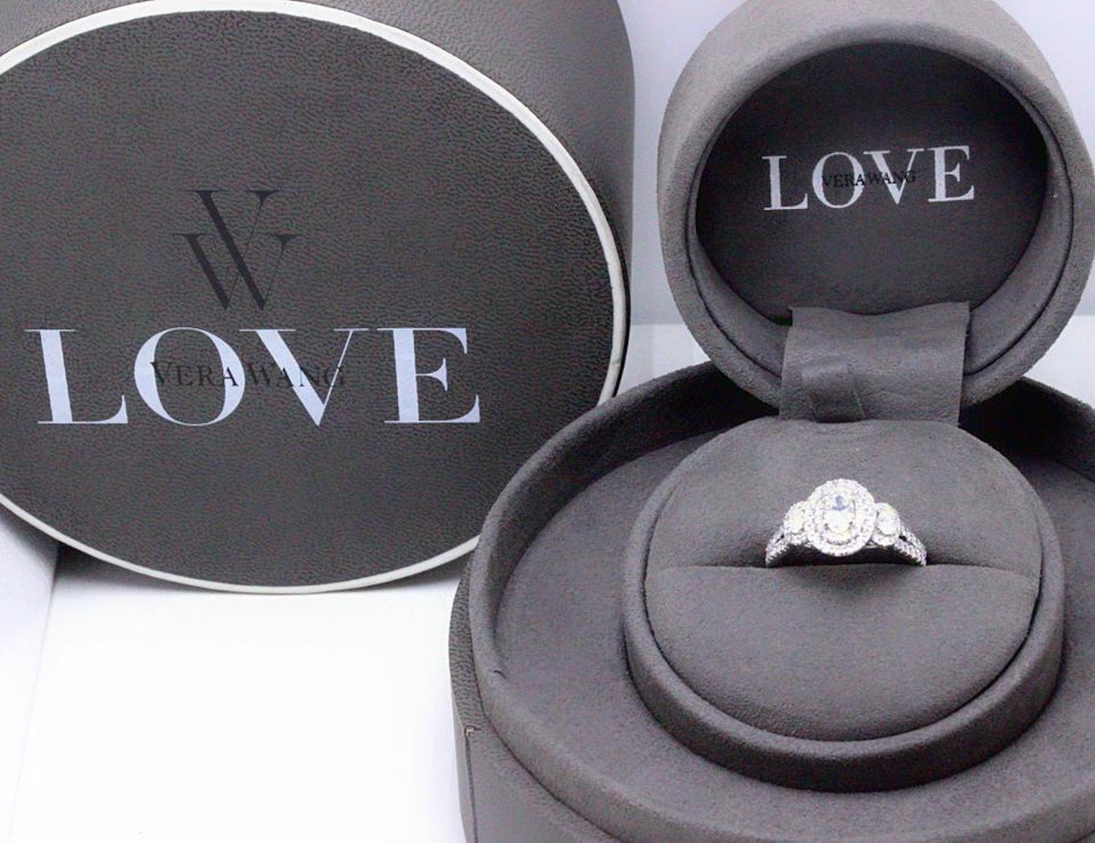 Oval Cut Vera Wang Love 1 1/2 Carat Oval Three-Stone Diamond Halo Ring 14 Karat WG