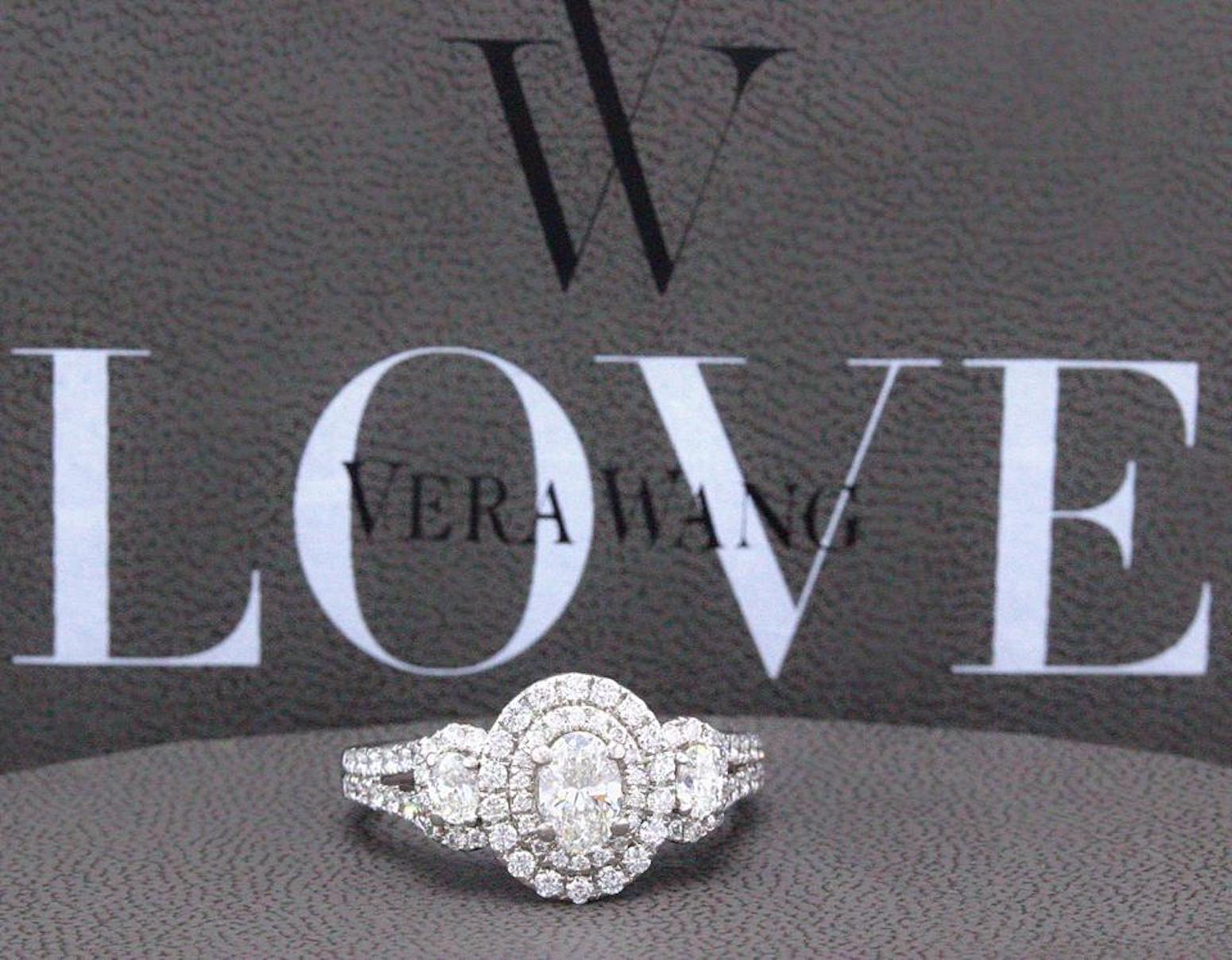 Vera Wang Love 1 1/2 Carat Oval Three-Stone Diamond Halo Ring 14 Karat WG In Excellent Condition In San Diego, CA