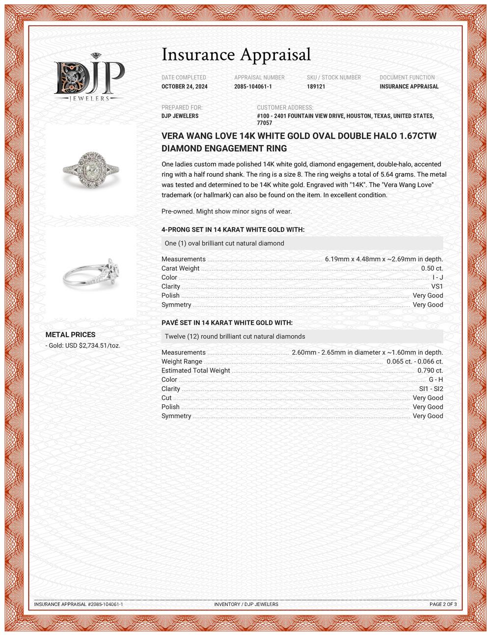 Vera Wang Love 14K White Gold Oval Double Halo 1.67ctw Diamond Engagement Ring 4