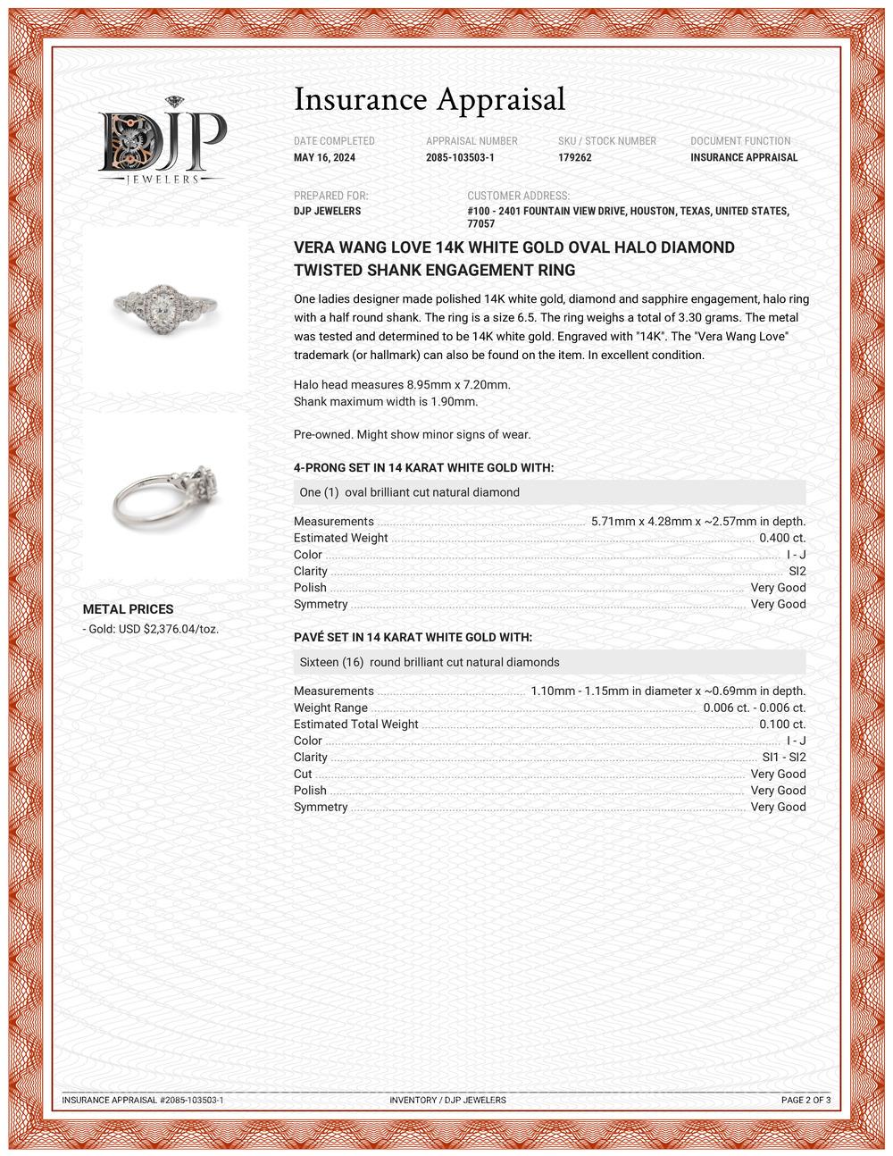 Vera Wang Love Verlobungsring aus 14 Karat Weißgold mit gedrehtem Schaft und ovalem Halo-Diamant 3