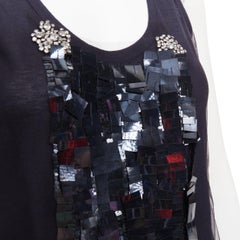 VERA WANG navy cotton silk sheer overlay paillette beaded scoop tank top S
