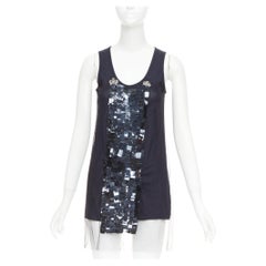 VERA WANG navy cotton silk sheer overlay paillette beaded scoop tank top S