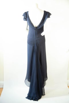VERA WANG, Midnight Blue Multi Layered Chiffon Silk Pleated Gown with Train