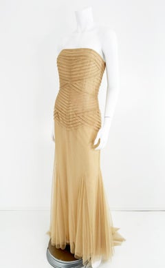 Vera Wang Nude/Champagne Tulle Strapless Pleated Torso Gown with Train 10