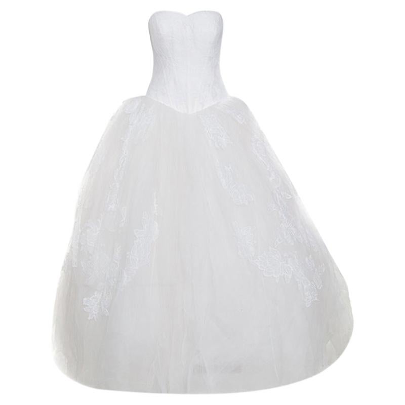 Vera Wang Off White Lace and Tulle Strapless Wedding Gown L