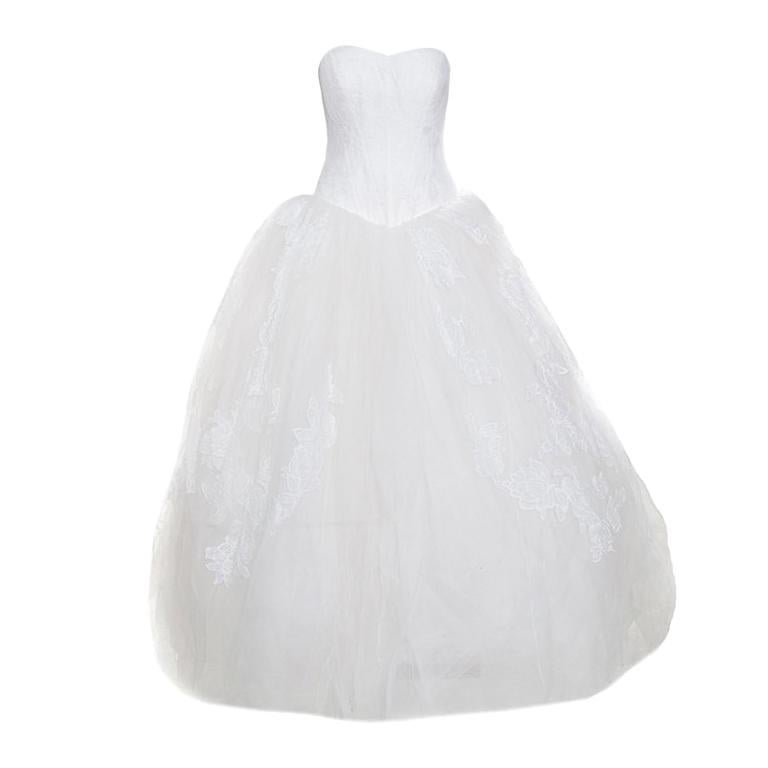 Vera Wang Off White Lace and Tulle Strapless Wedding Gown L