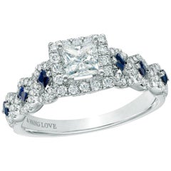 Used Vera Wang Princess Diamond Engagement "Love" Ring 1.00 Carat Blue Sapphires