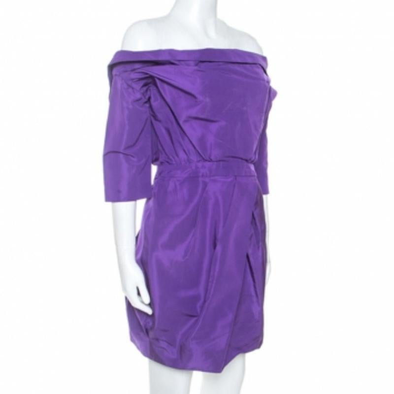 Violet Vera Wang Purple Silk Crystal Embellished Off Shoulder Dress L en vente