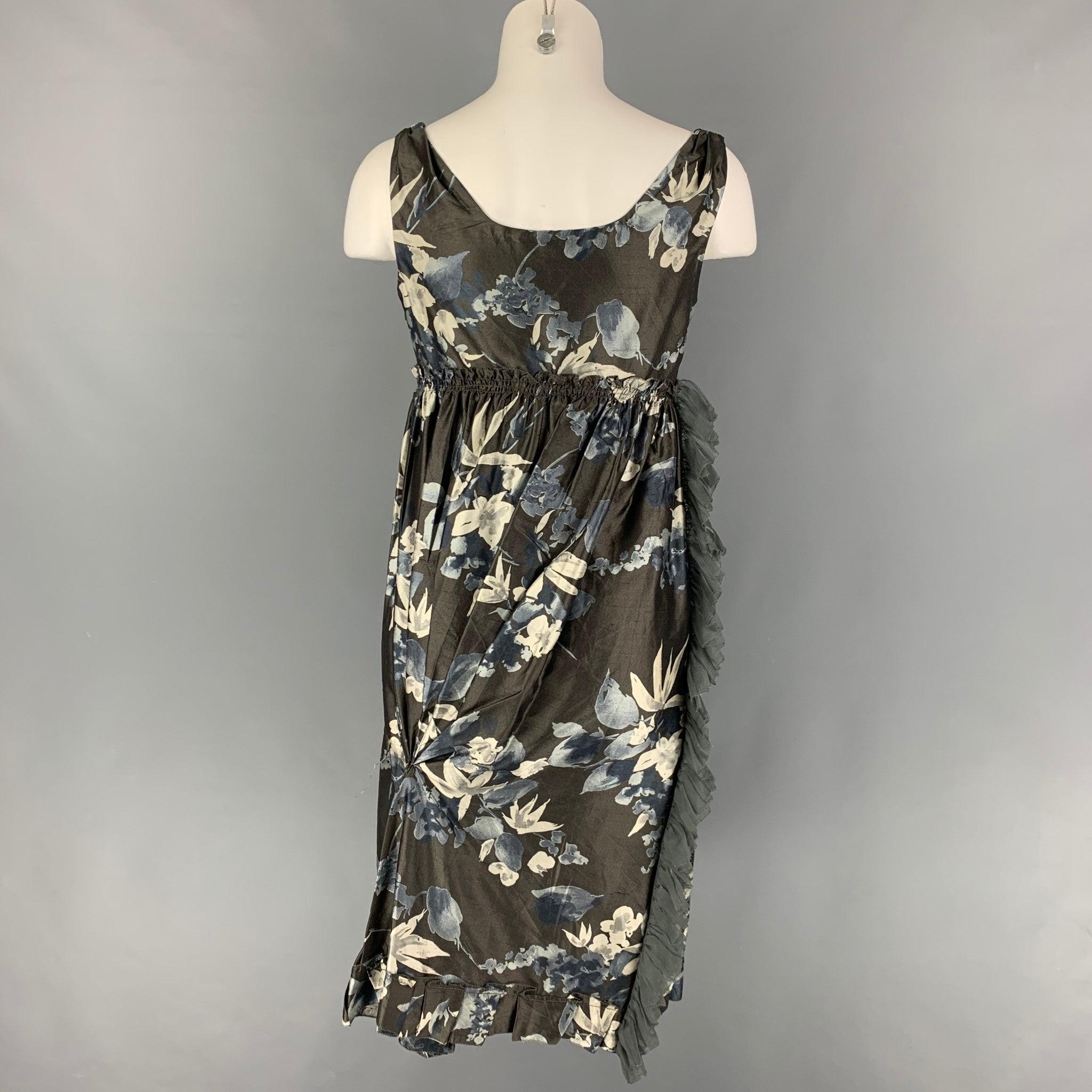 VERA WANG Size 4 Slate Cream Silk Floral Ruched Dress In Good Condition For Sale In San Francisco, CA