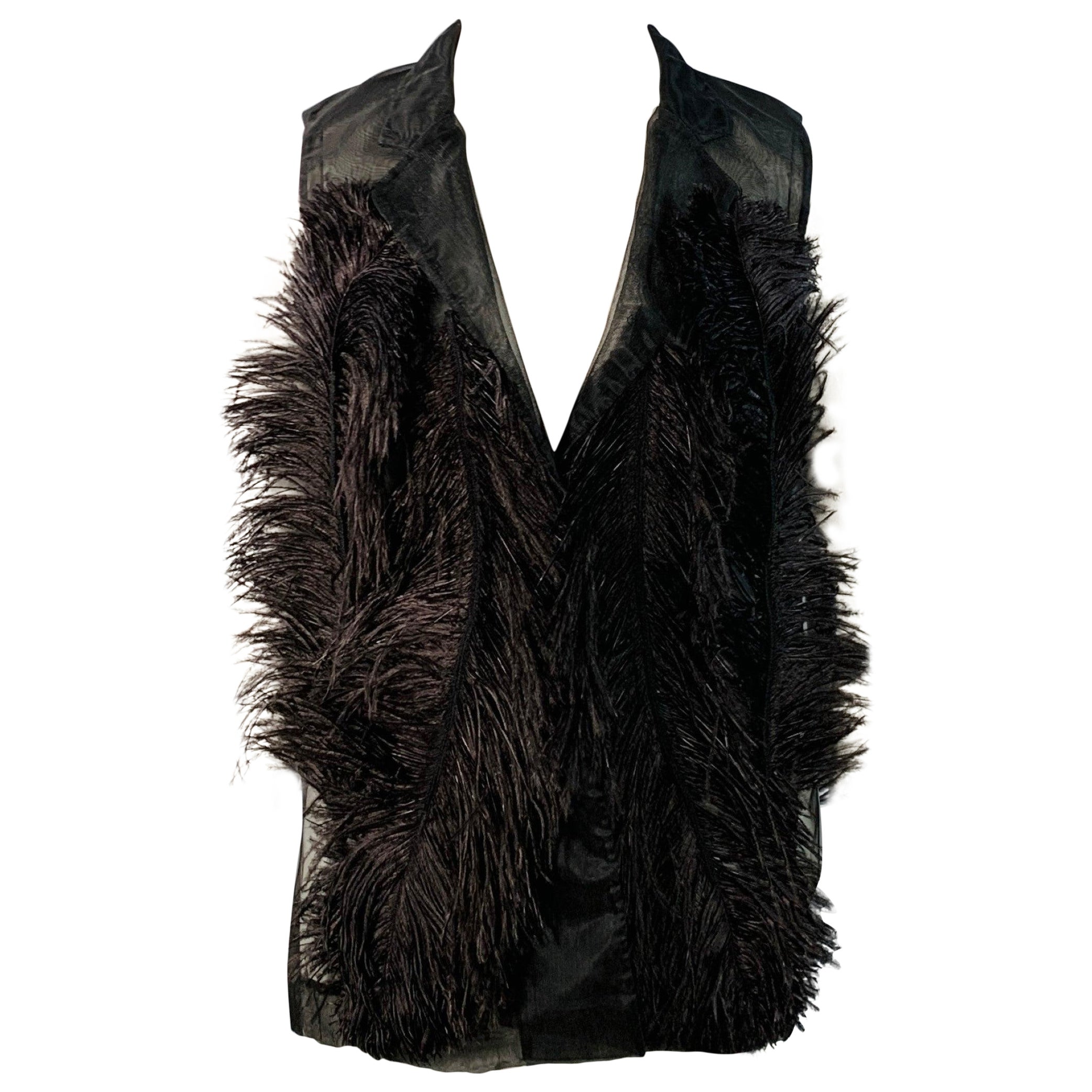 VERA WANG Size L Black Mesh Ostrich Feathers Snaps Vest For Sale