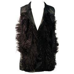 VERA WANG Size L Black Mesh Ostrich Feathers Snaps Vest