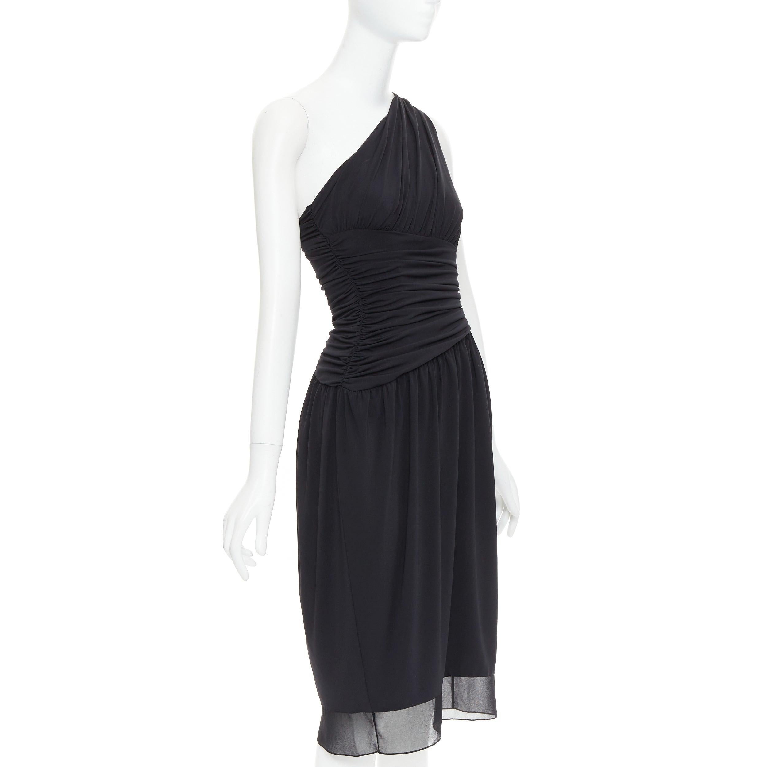 Black VERA WANG Vintage black one shoulder ruched waist silk lined dress US2 S For Sale