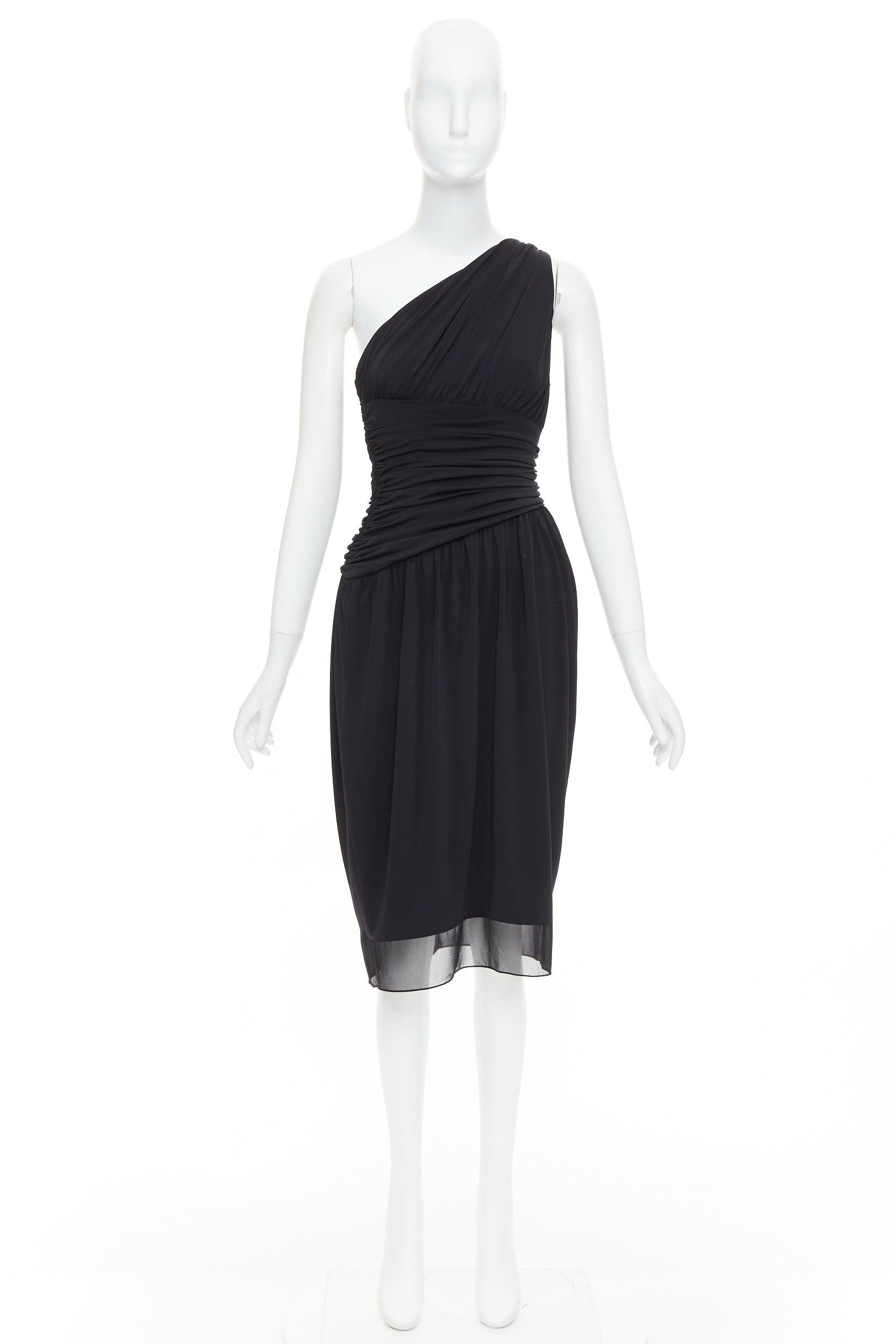 VERA WANG Vintage black one shoulder ruched waist silk lined dress US2 S For Sale 4