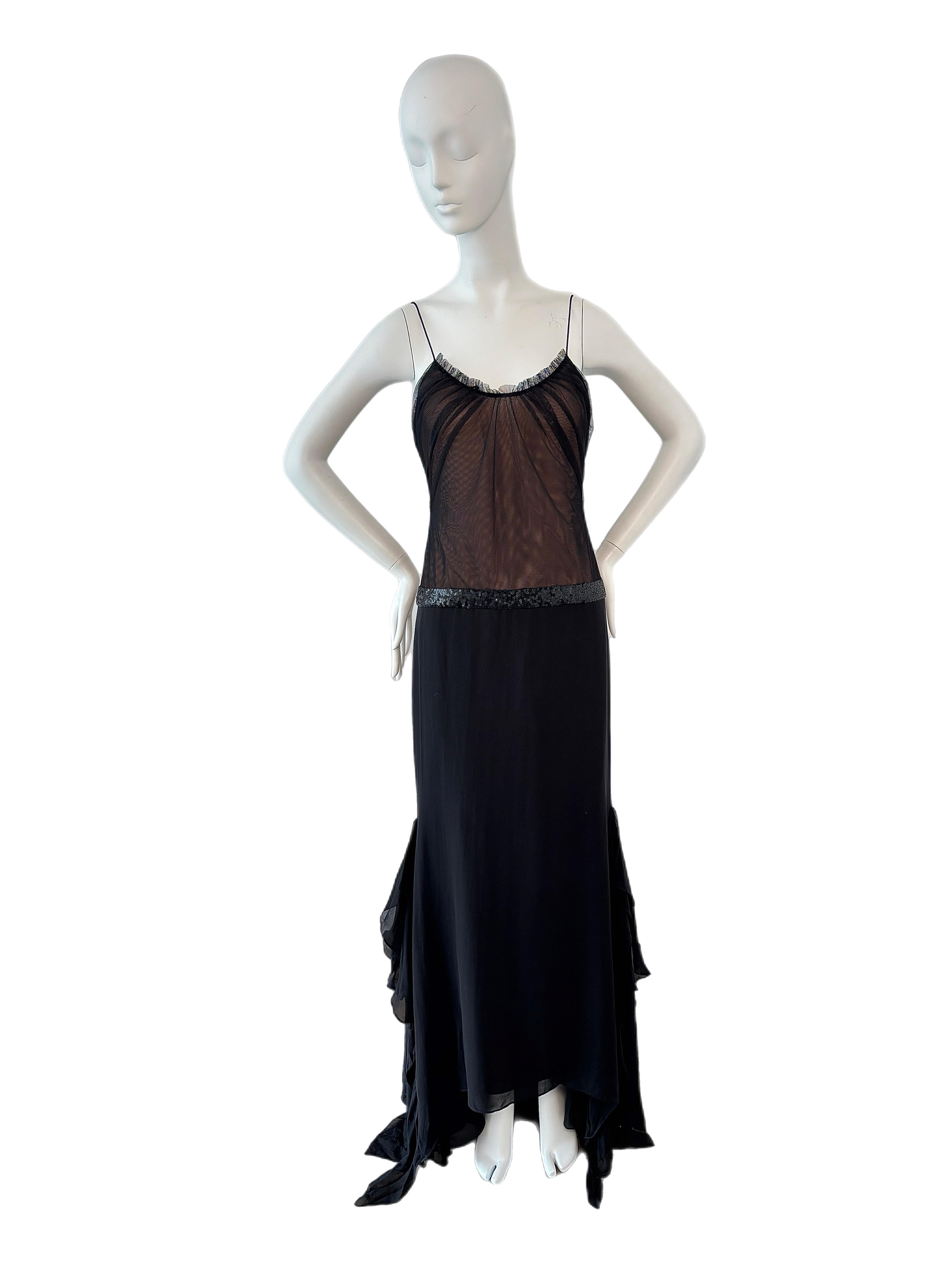 VERA WANG Vintage c. 2005 Vestido de noche con paneles de malla Negro en venta