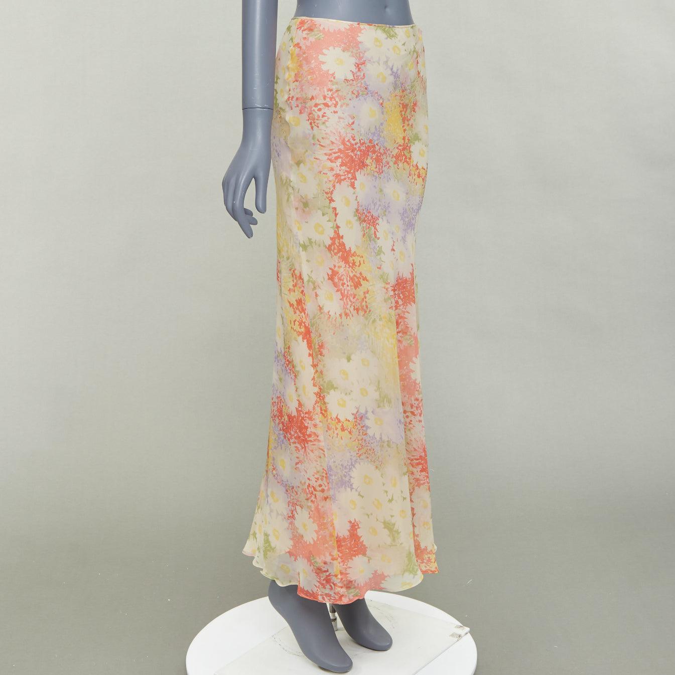 Beige Vera Wang Gonna midi in seta con stampa floreale a margherite colorate US4 S in vendita