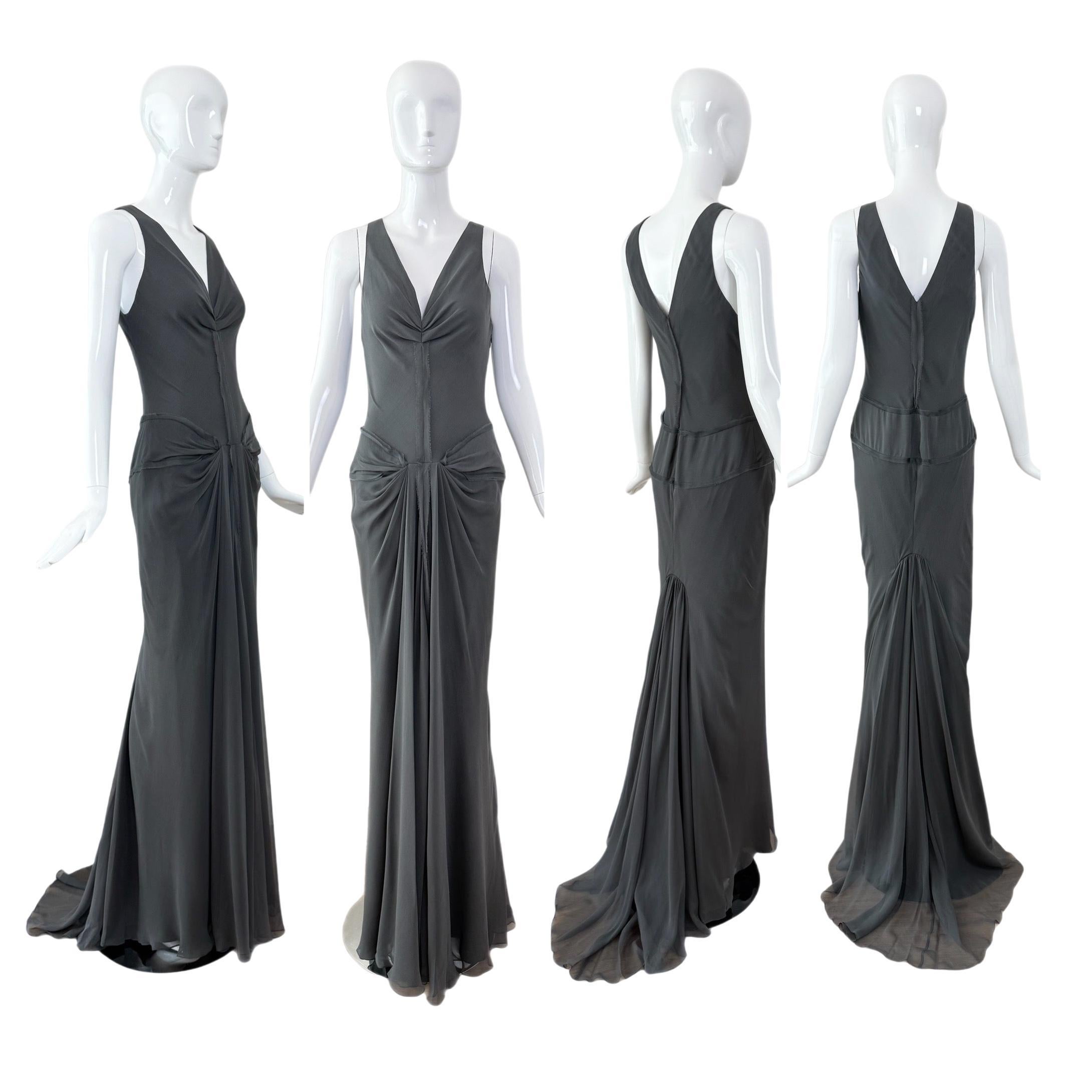 VERA WANG Vintage Grey Silk Ethereal Gown w. Train For Sale