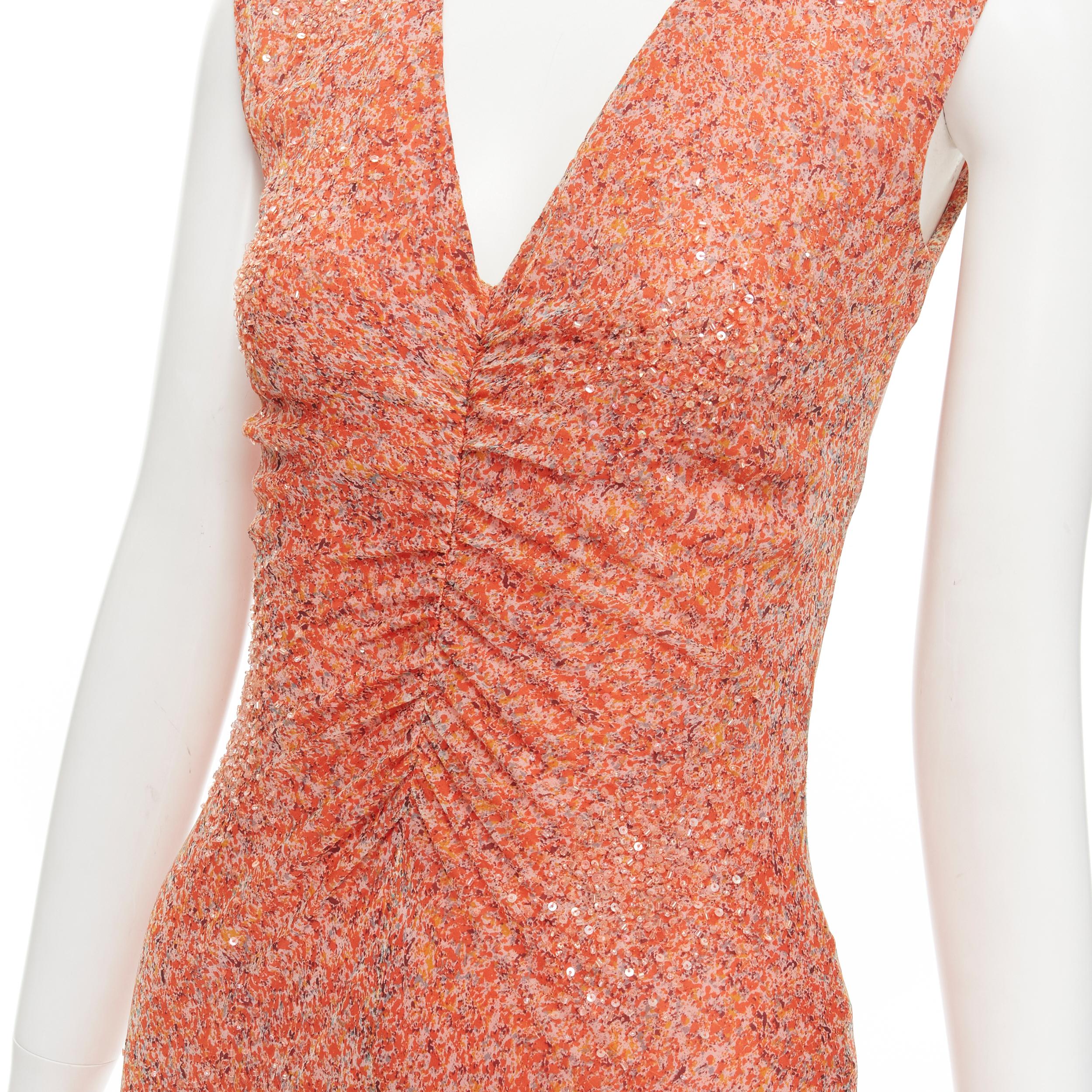 VERA WANG Vintage orange speckle print silk bead embellished evening gown US6 M 
Reference: GIYG/A00150 
Brand: Vera Wang 
Material: Silk 
Color: Orange 
Pattern: Abstract 
Extra Detail: Iridescent bead and sequins embellishment throughout. Ruched