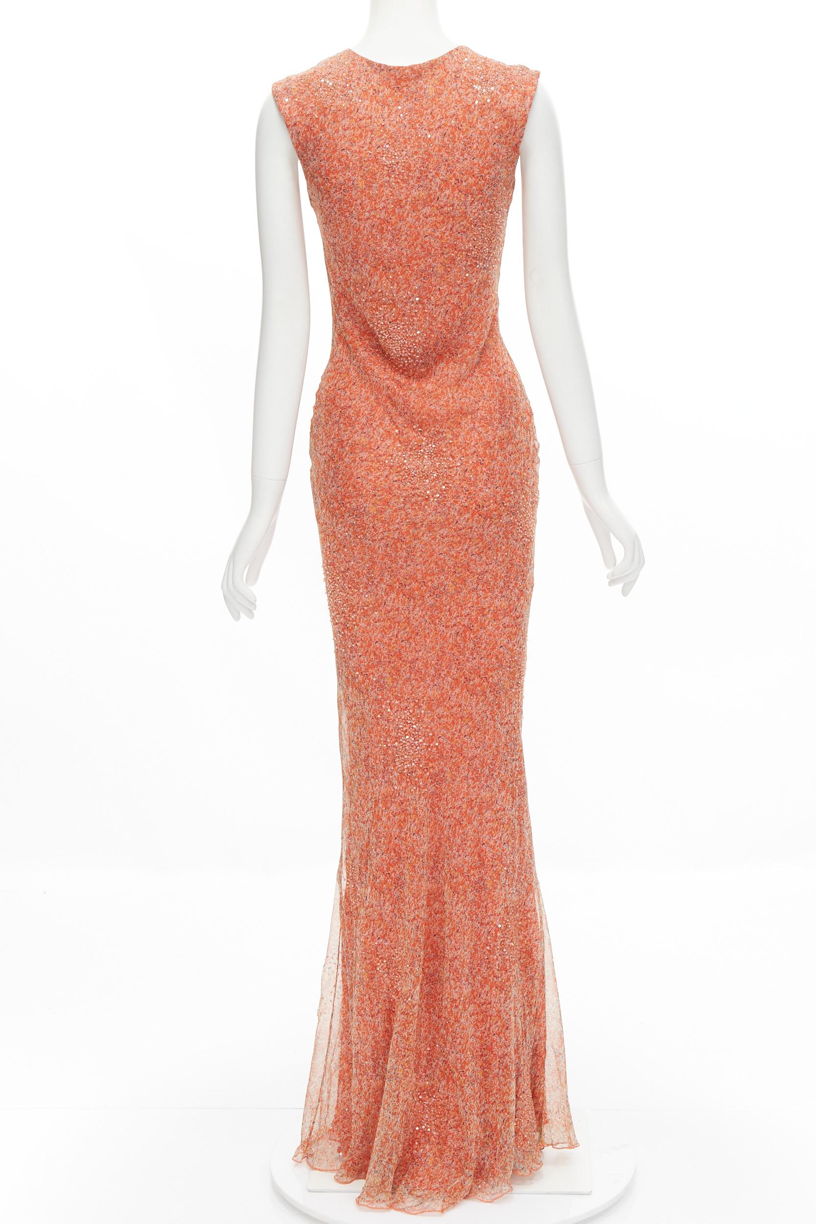 Orange VERA WANG Vintage orange speckle print silk bead embellished evening gown US6 M