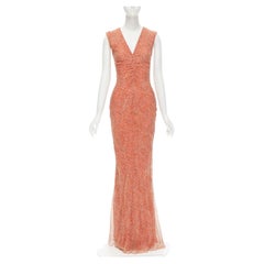 VERA WANG Used orange speckle print silk bead embellished evening gown US6 M