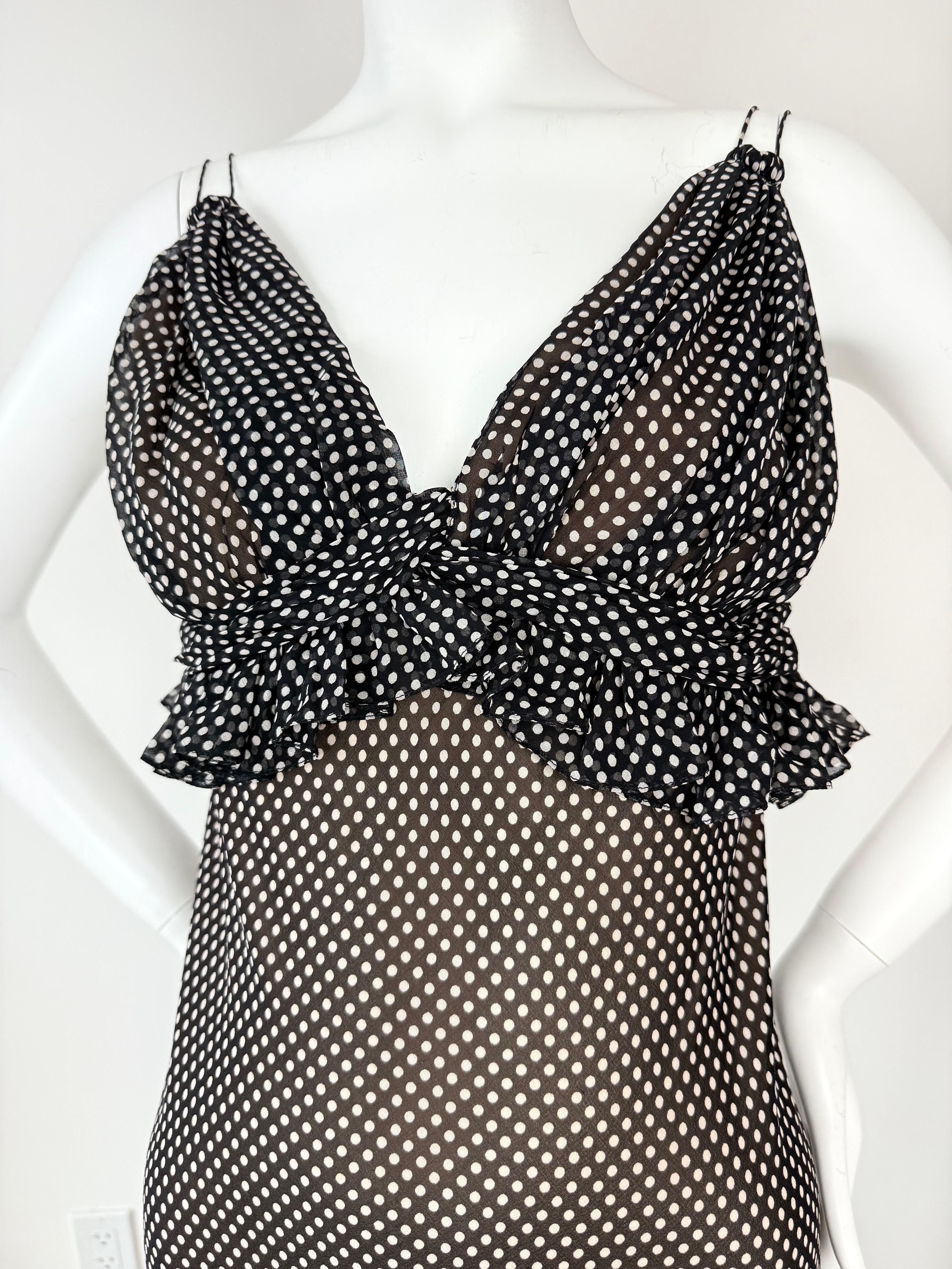 Women's VERA WANG Vintage Silk Black + White Polka Dot Gown Maxi Dress