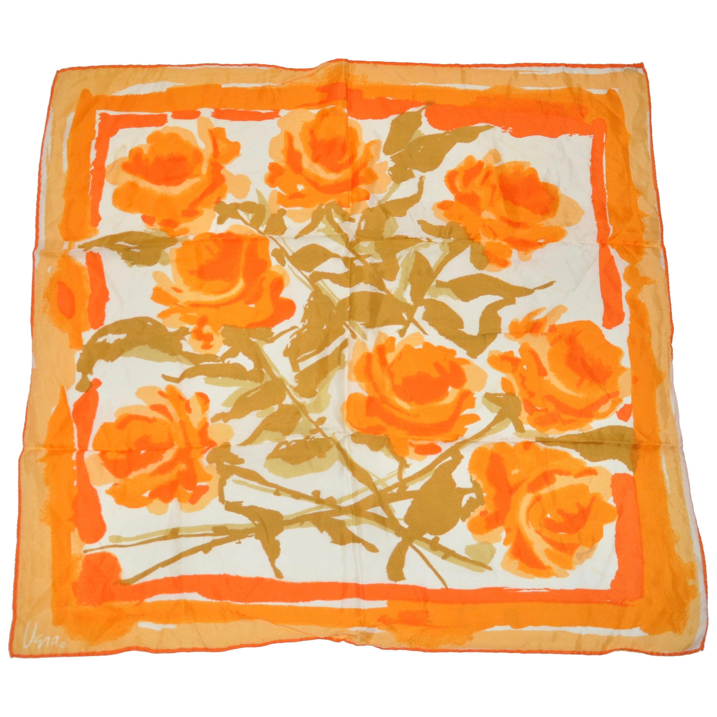Vera Warm Shades of "Tangerine Rose Blooms" Silk Blend Scarf