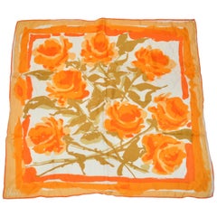 Vintage Vera Warm Shades of "Tangerine Rose Blooms" Silk Blend Scarf