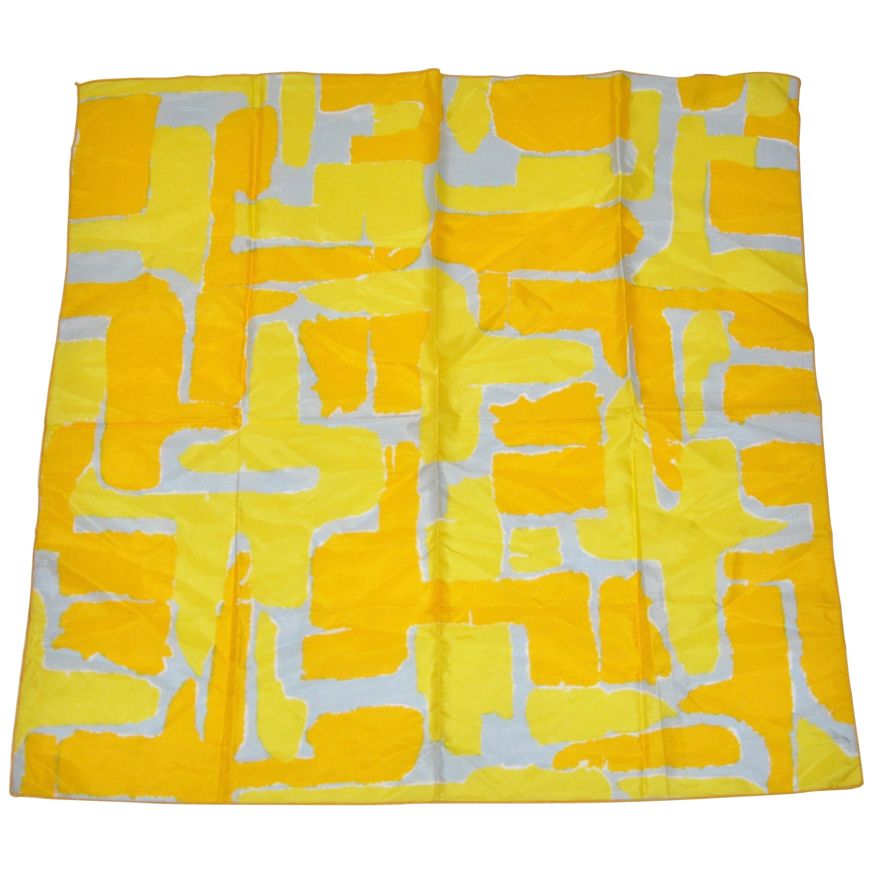 Vera Whimsical "Shades of Banana Yellow" Geometric Abstract Silk Scarf For Sale
