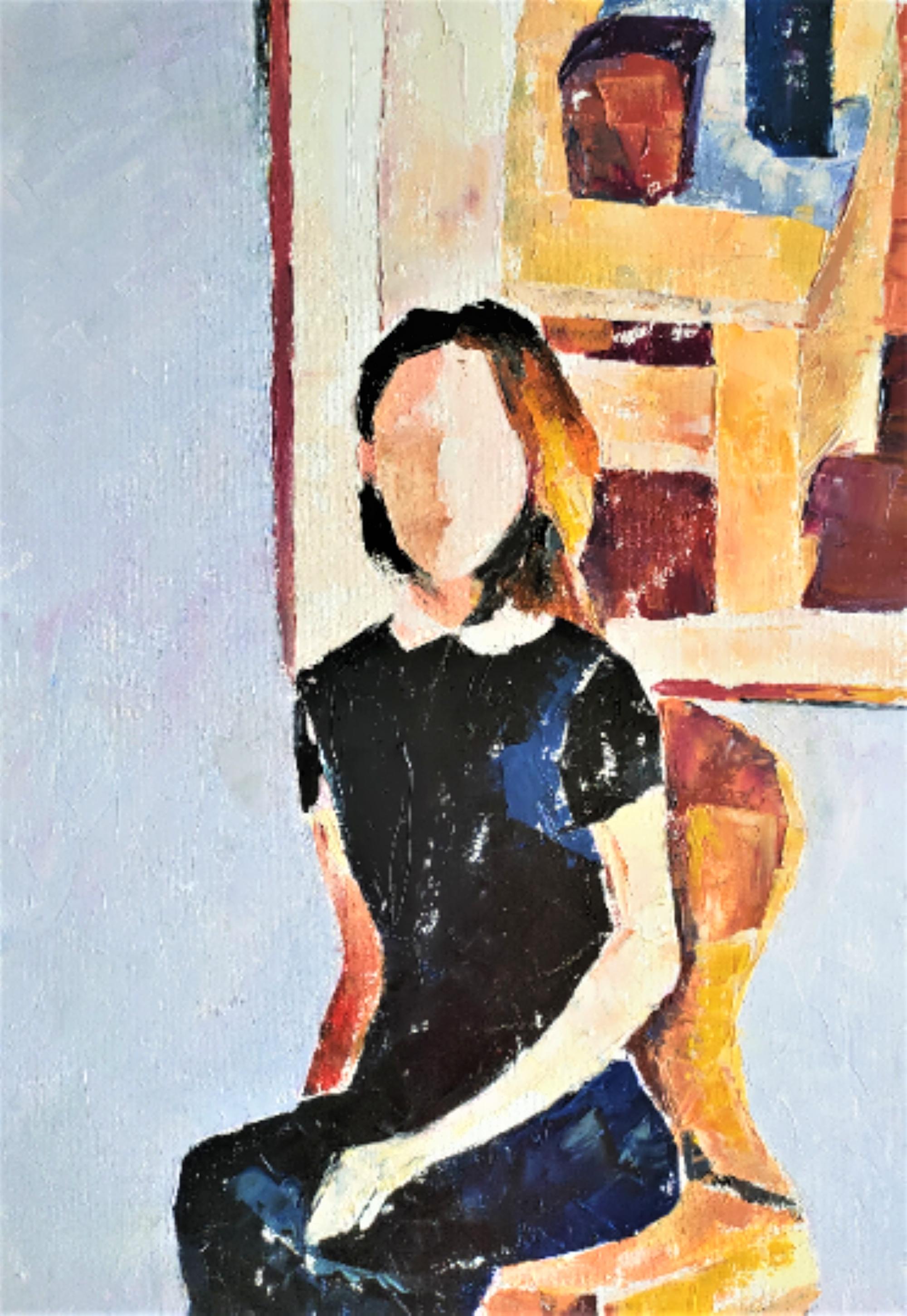 Statuetta femminile senza volto, Pittura ad olio originale, Donna seduta su una sedia - Painting Impressionismo di Vera Zibrova