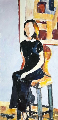Figura femenina sin rostro, Pintura al óleo original, Mujer sentada en una silla