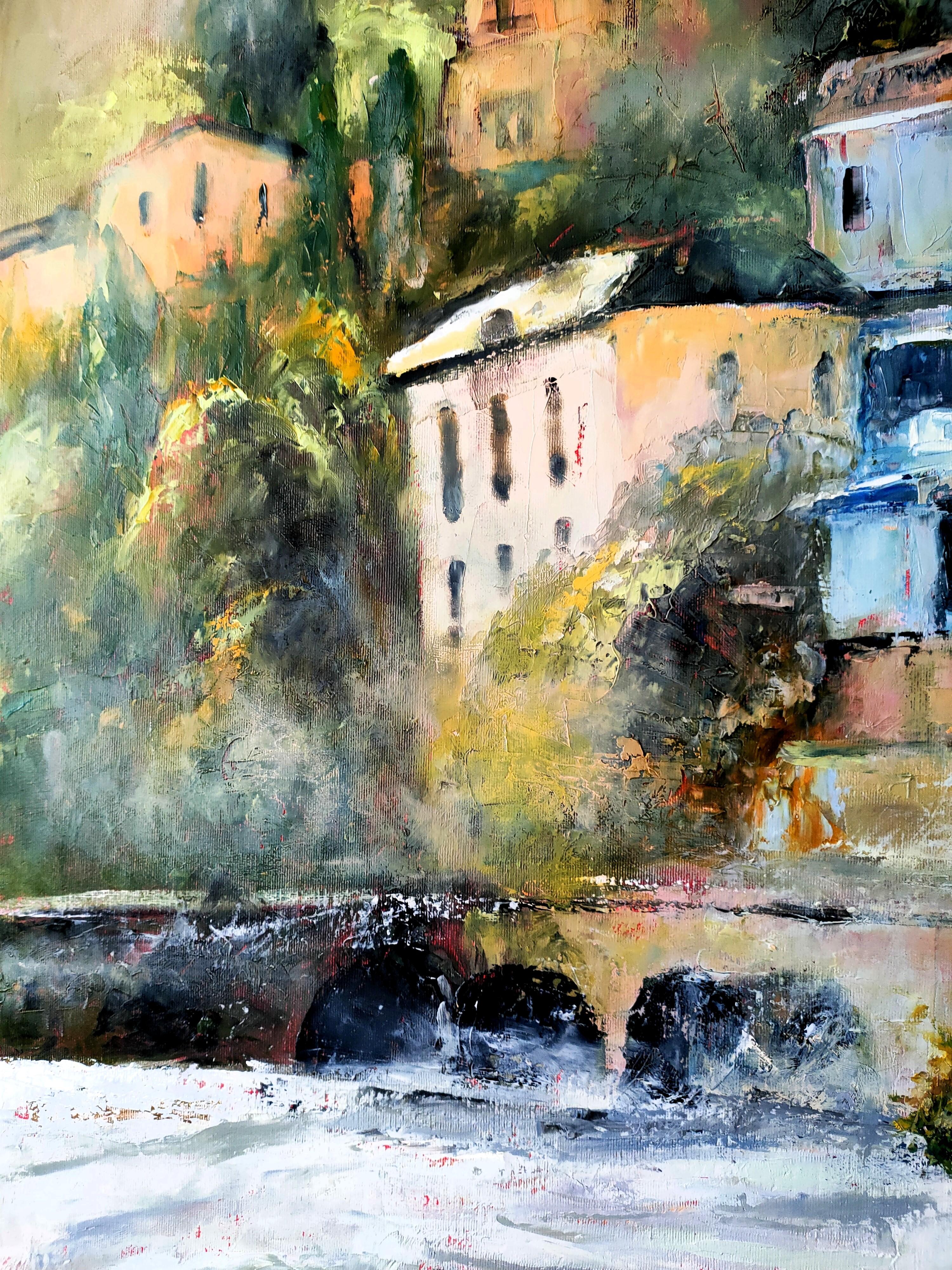 Costa italiana, Portofino, nebbia sul mare - Landscape Painting Marrone di Vera Zibrova