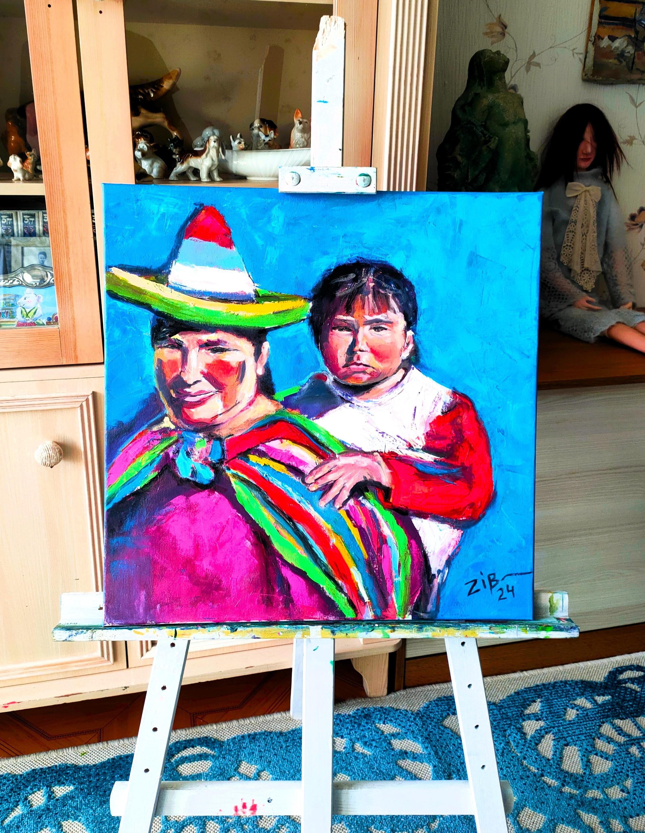 Familia mexicana, colorido arte moderno, óleo sobre lienzo tensado, 20x20 pulgadas - Painting de Vera Zibrova