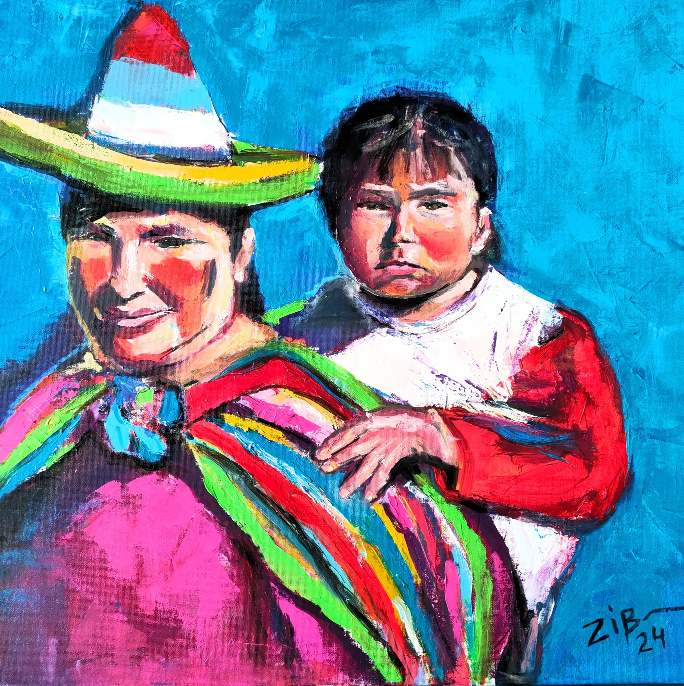 Familia mexicana, colorido arte moderno, óleo sobre lienzo tensado, 20x20 pulgadas - Painting Impresionista de Vera Zibrova
