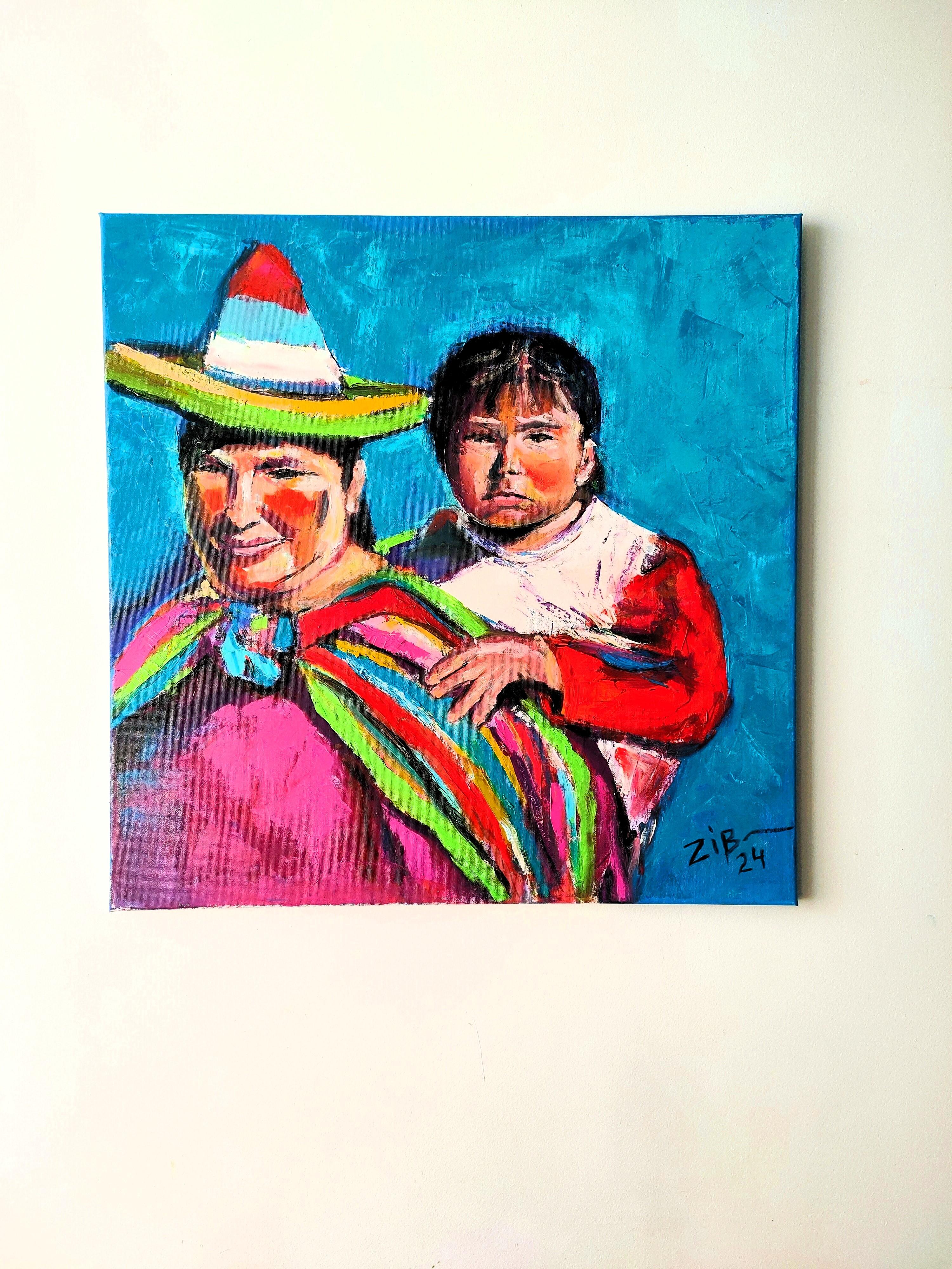Familia mexicana, colorido arte moderno, óleo sobre lienzo tensado, 20x20 pulgadas - Portrait Painting Azul de Vera Zibrova