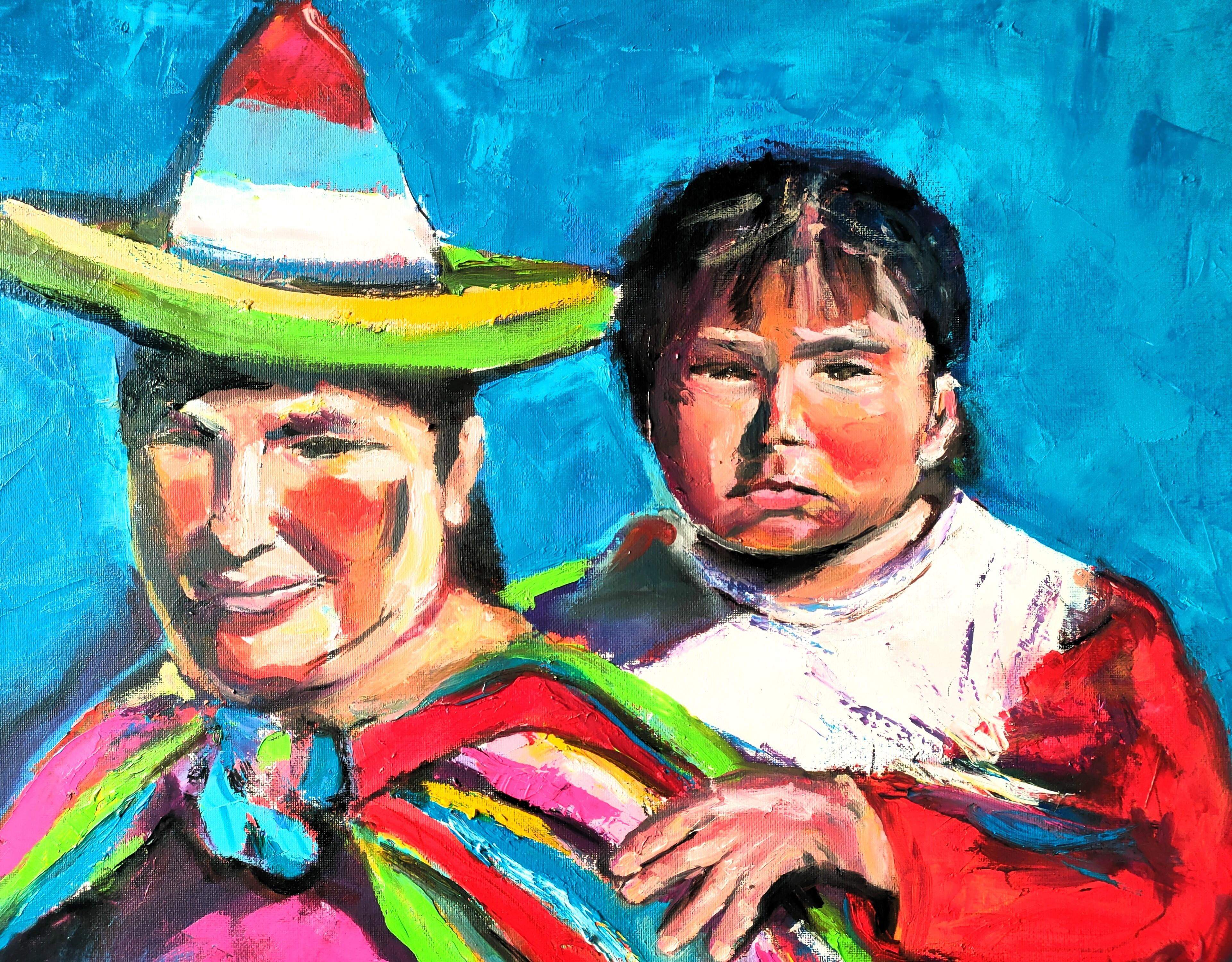 Familia mexicana, colorido arte moderno, óleo sobre lienzo tensado, 20x20 pulgadas en venta 1