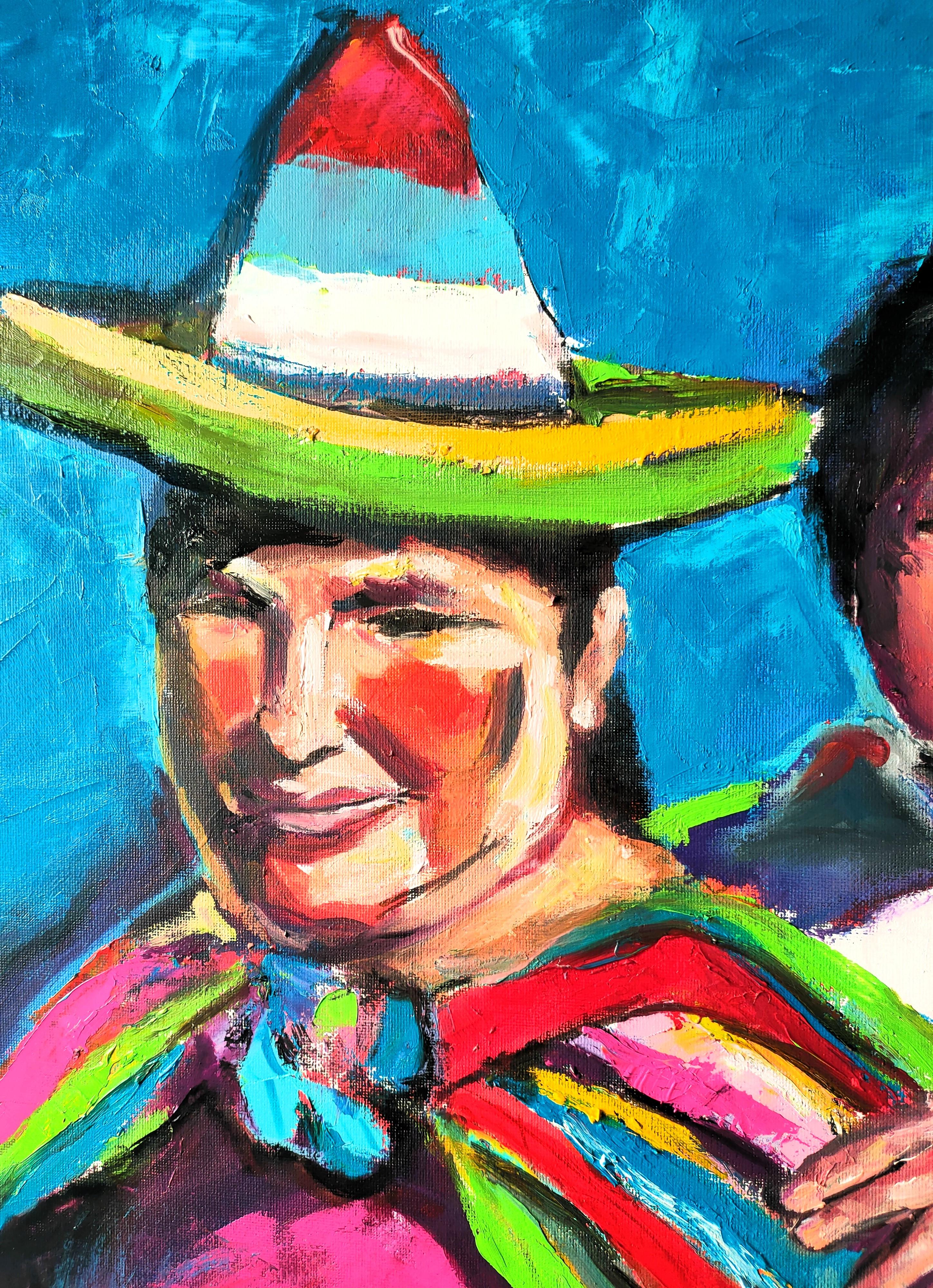 Familia mexicana, colorido arte moderno, óleo sobre lienzo tensado, 20x20 pulgadas en venta 2