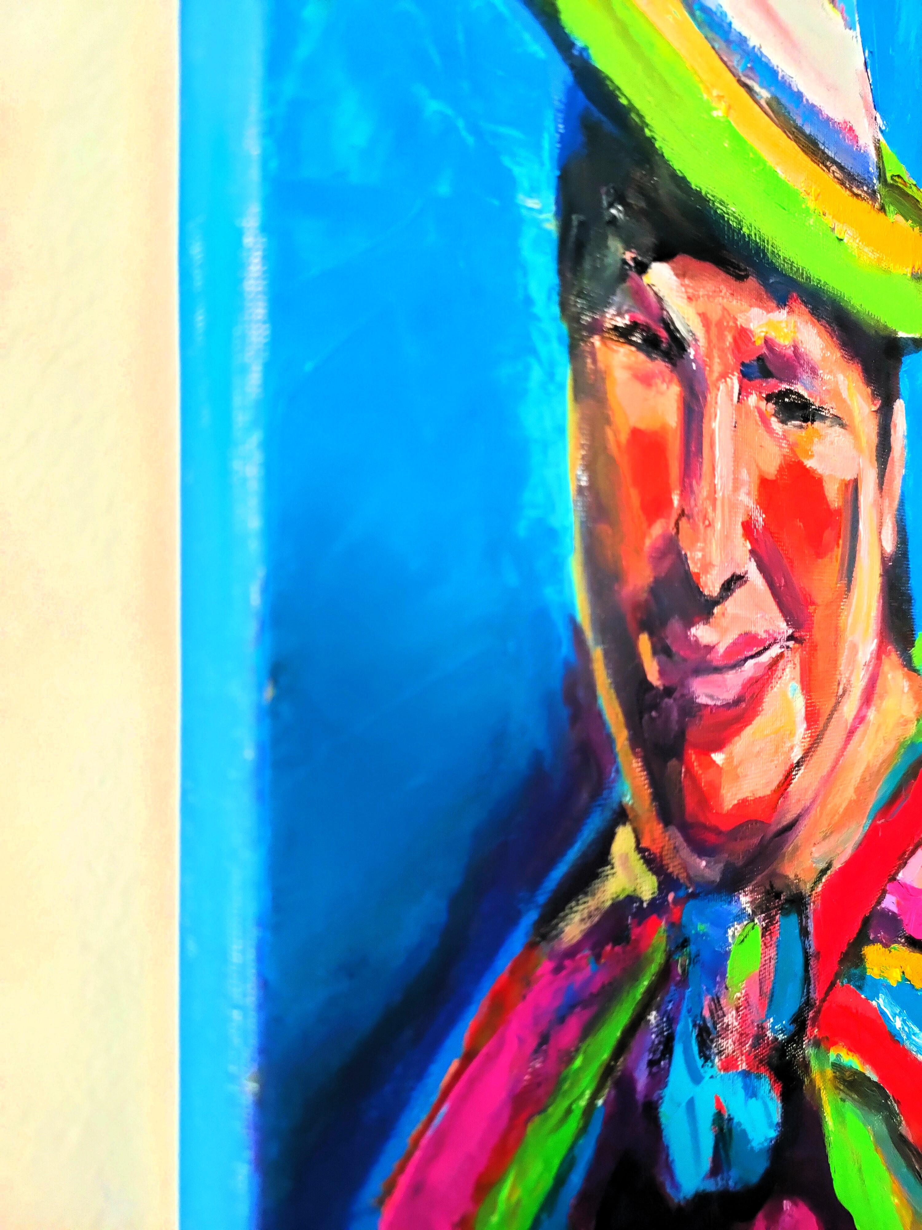 Familia mexicana, colorido arte moderno, óleo sobre lienzo tensado, 20x20 pulgadas en venta 3