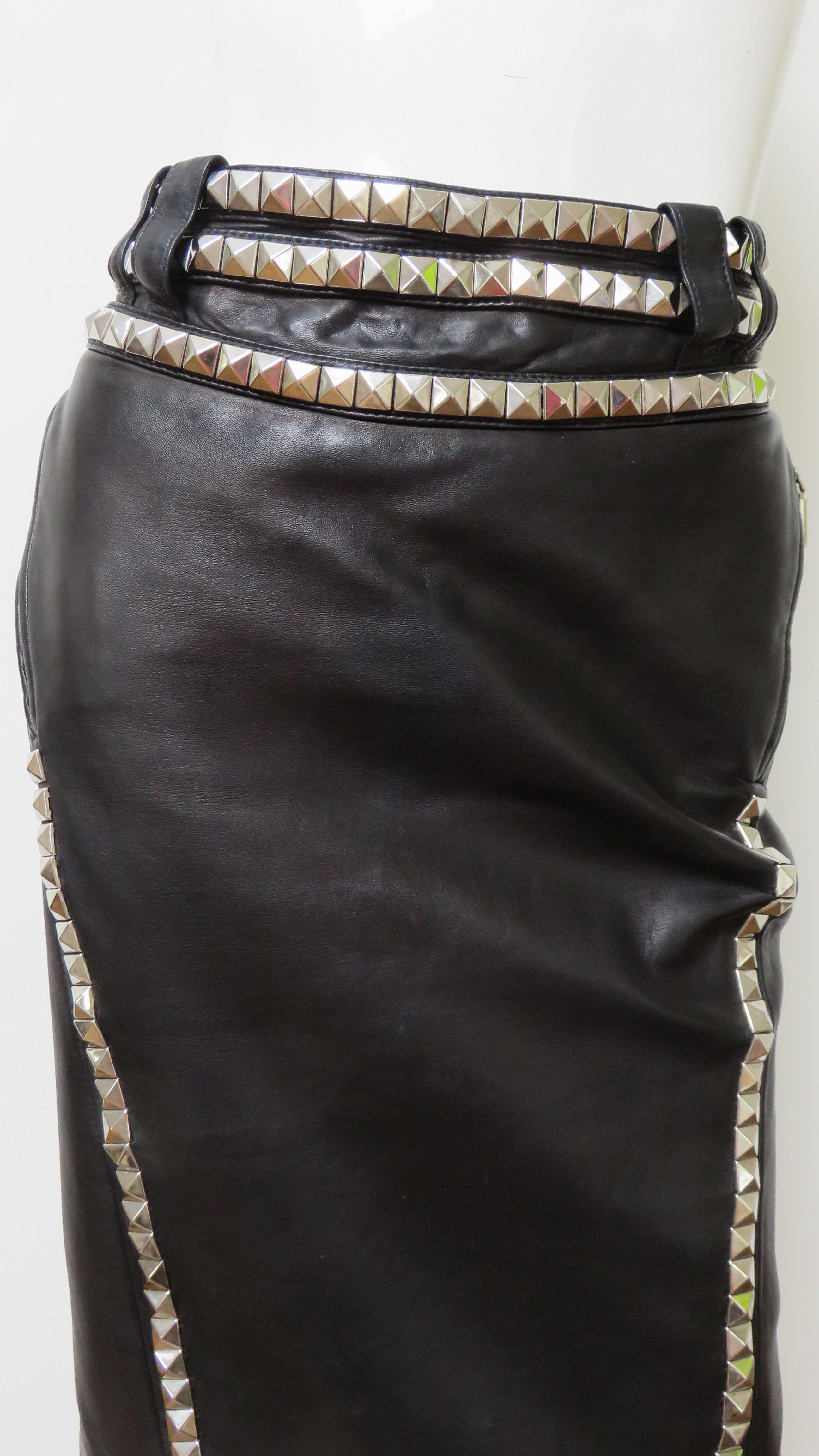 Women's Verace Leather Skirt with Studs and Buckle Waist  For Sale