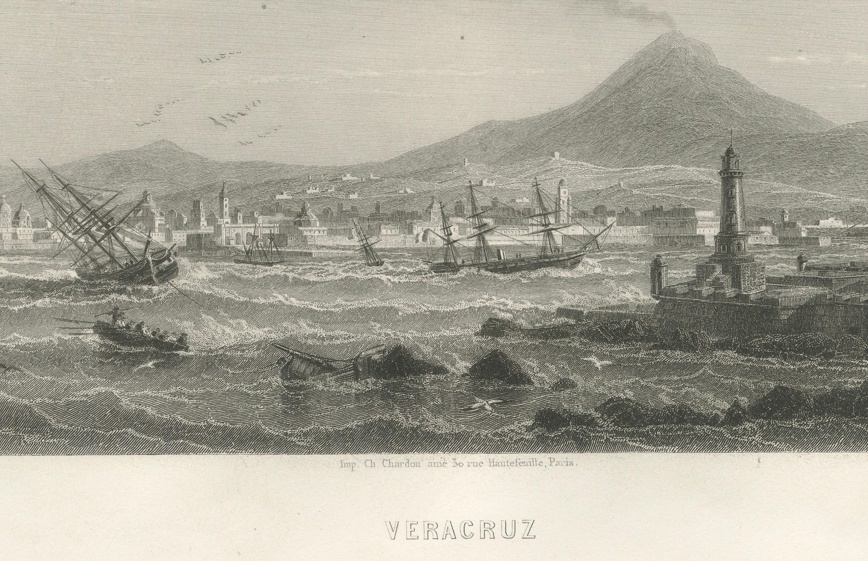 Antiker Kupferstich von Veracruz Mexiko - Hafenstadt mit Vulkanansicht, 1867

Dieser detaillierte Stich aus dem 19. Jahrhundert zeigt einen Panoramablick auf Veracruz, die historische Hafenstadt Mexikos, mit Schiffen vor Anker und den dramatischen