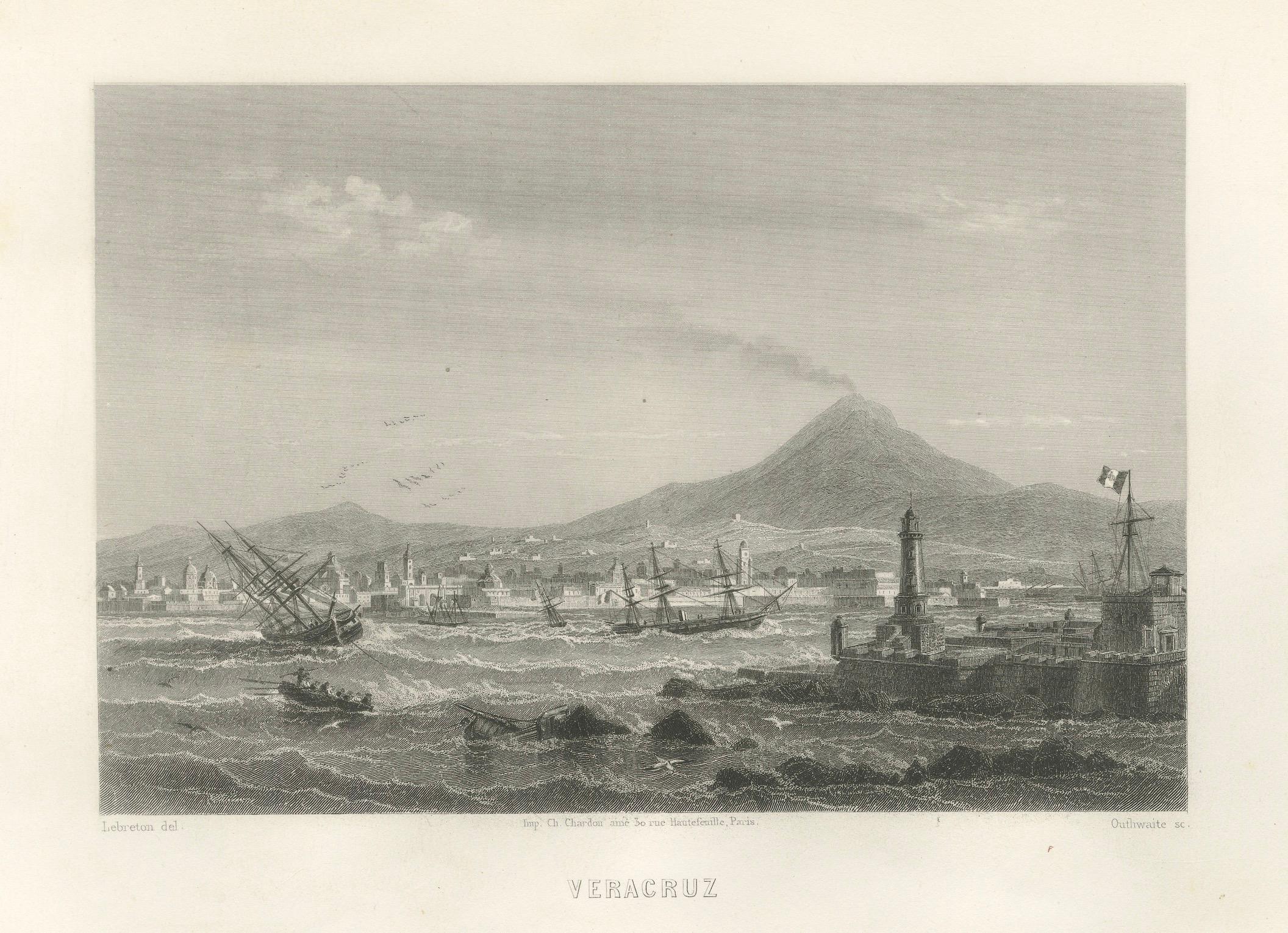 Hafen von Veracruz und Vulkanpanorama - Mexiko-Stich aus dem 19. Jahrhundert, 1867 im Zustand „Gut“ im Angebot in Langweer, NL
