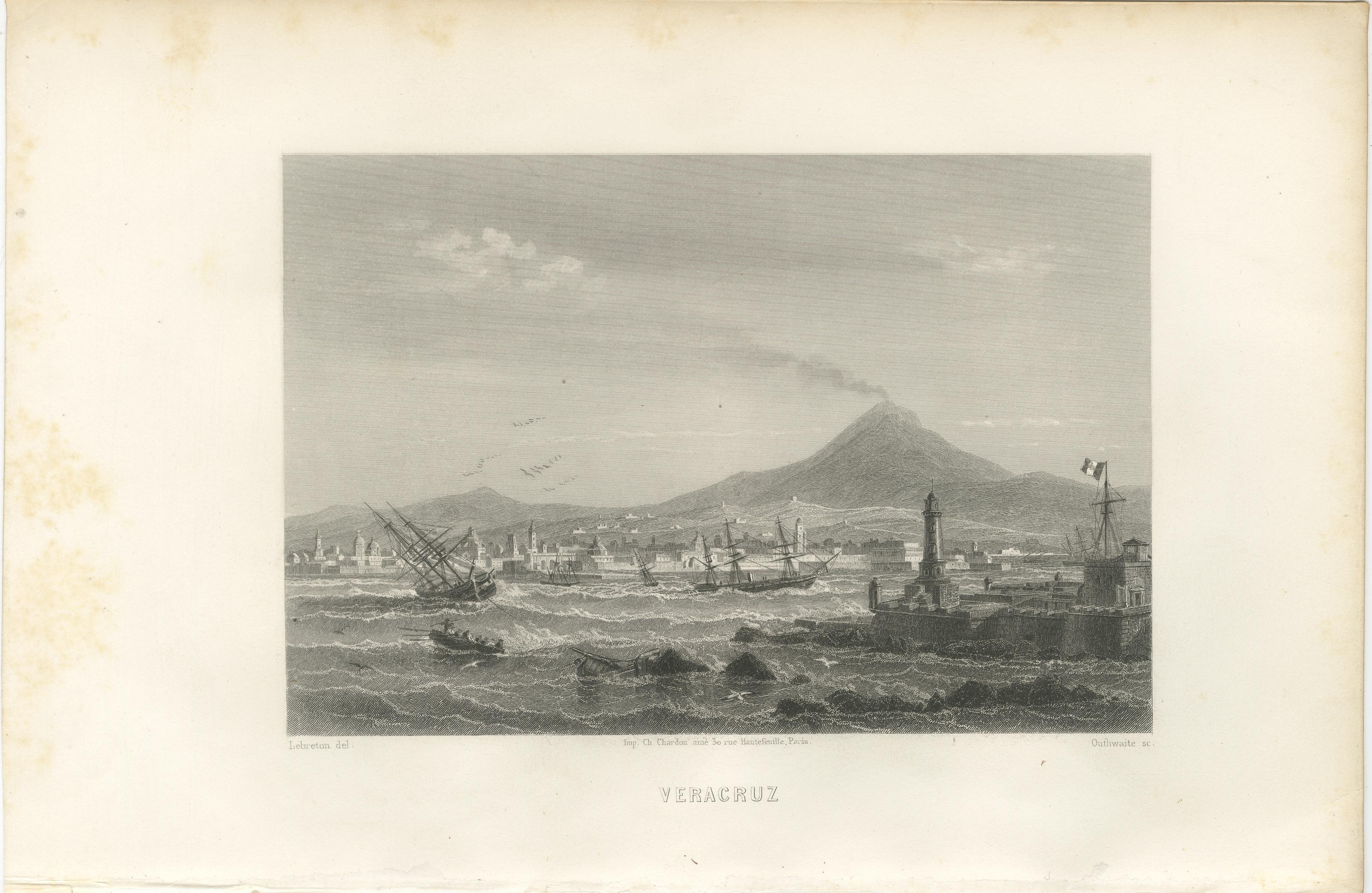 Hafen von Veracruz und Vulkanpanorama - Mexiko-Stich aus dem 19. Jahrhundert, 1867 (Mittleres 19. Jahrhundert) im Angebot