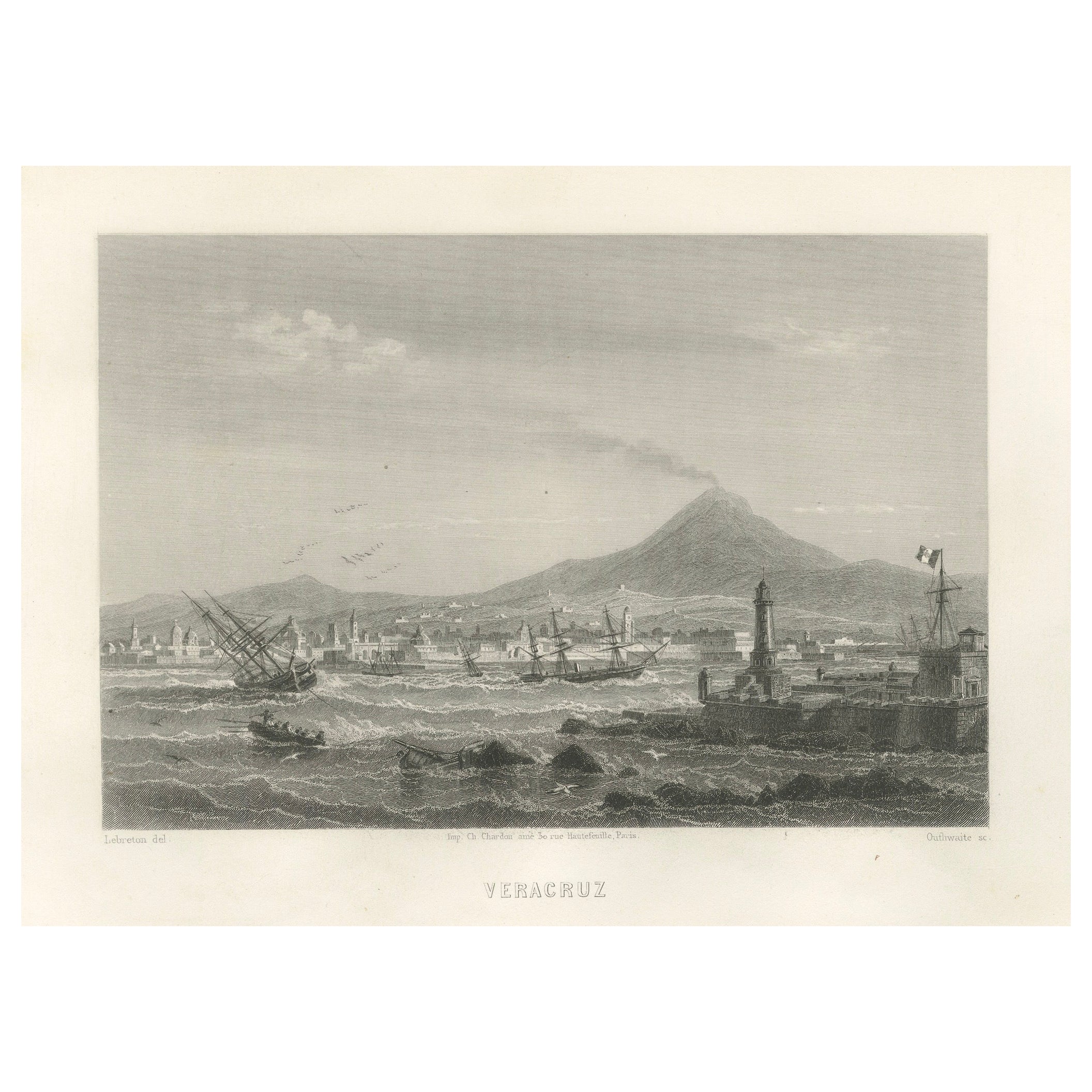 Hafen von Veracruz und Vulkanpanorama - Mexiko-Stich aus dem 19. Jahrhundert, 1867 im Angebot