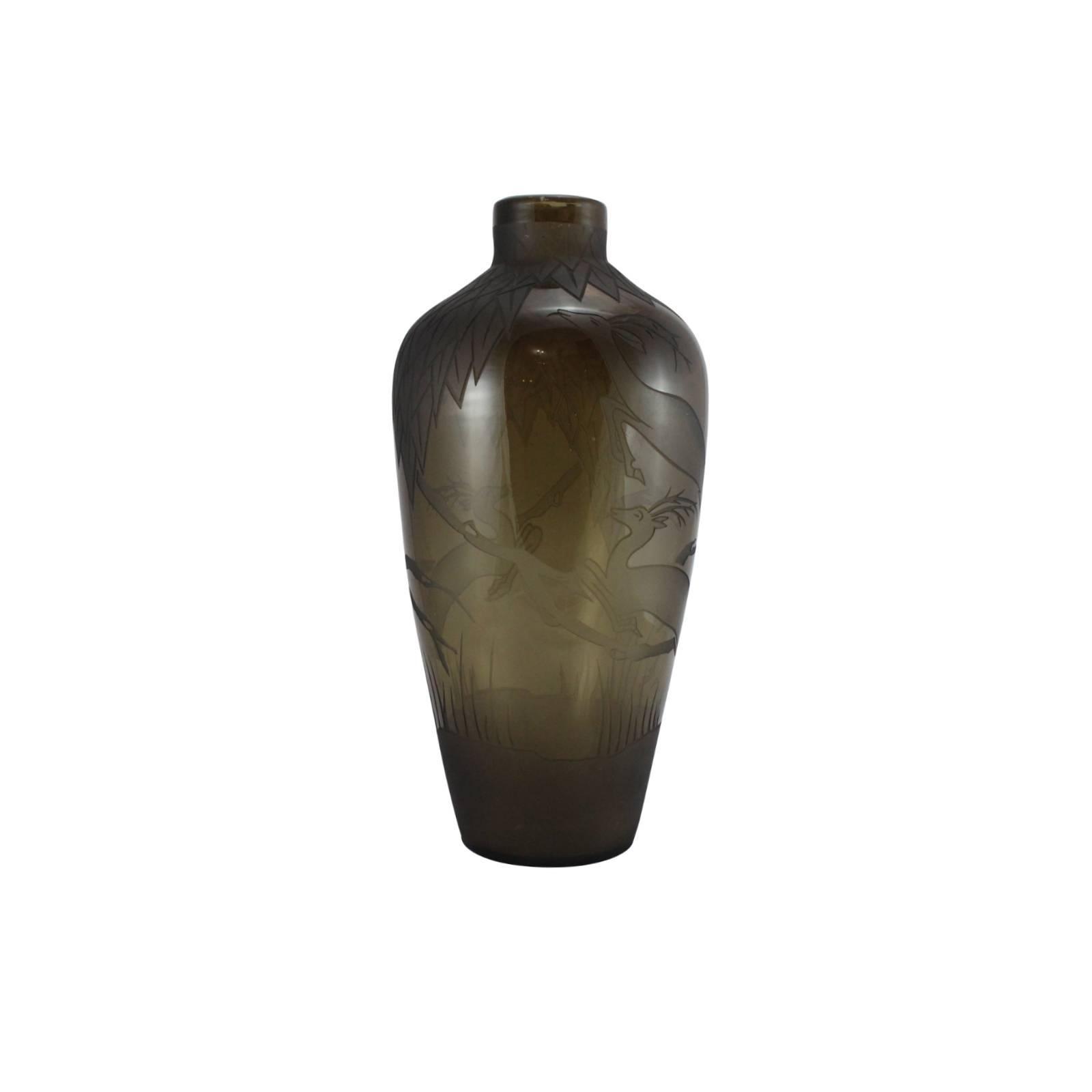 French Verart Paris Art Deco Glass Vase with Acid Etched Leaves and Stags For Sale