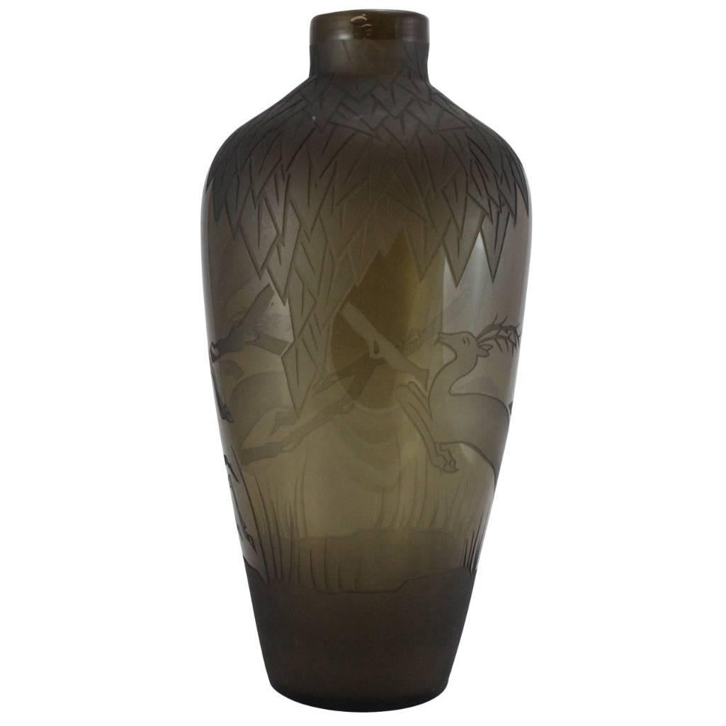 Verart Paris Art Deco Glass Vase with Acid Etched Leaves and Stags For Sale