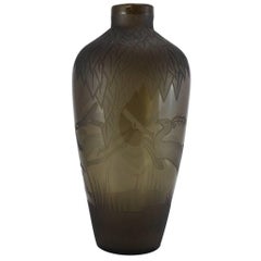 Verart Paris Art Deco Glass Vase with Acid Etched Leaves and Stags