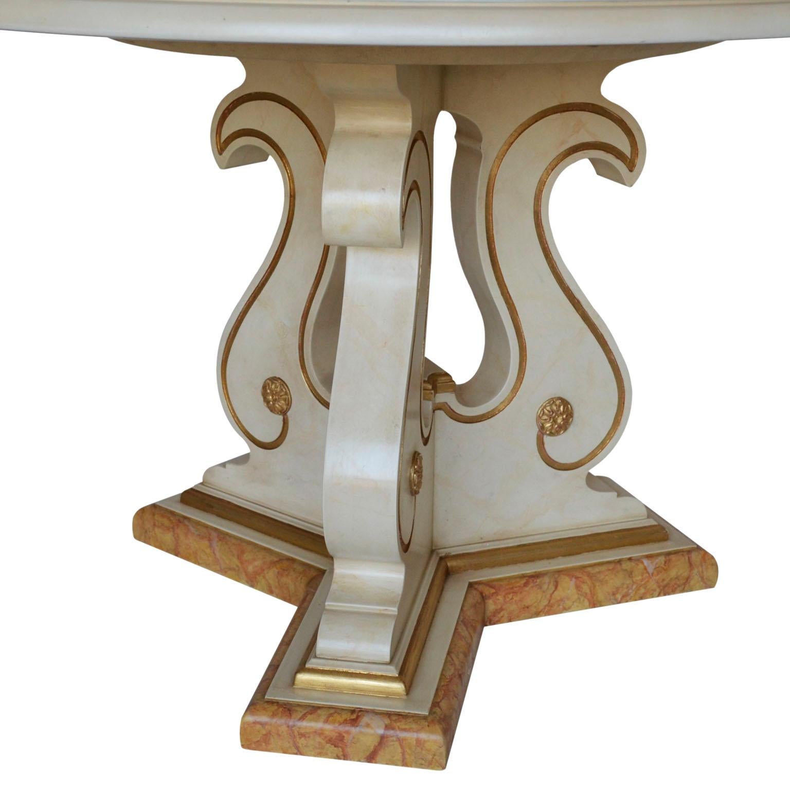 Italian Round dining table inlaid top and wooden tripod  base handcrafted by Cupioli For Sale