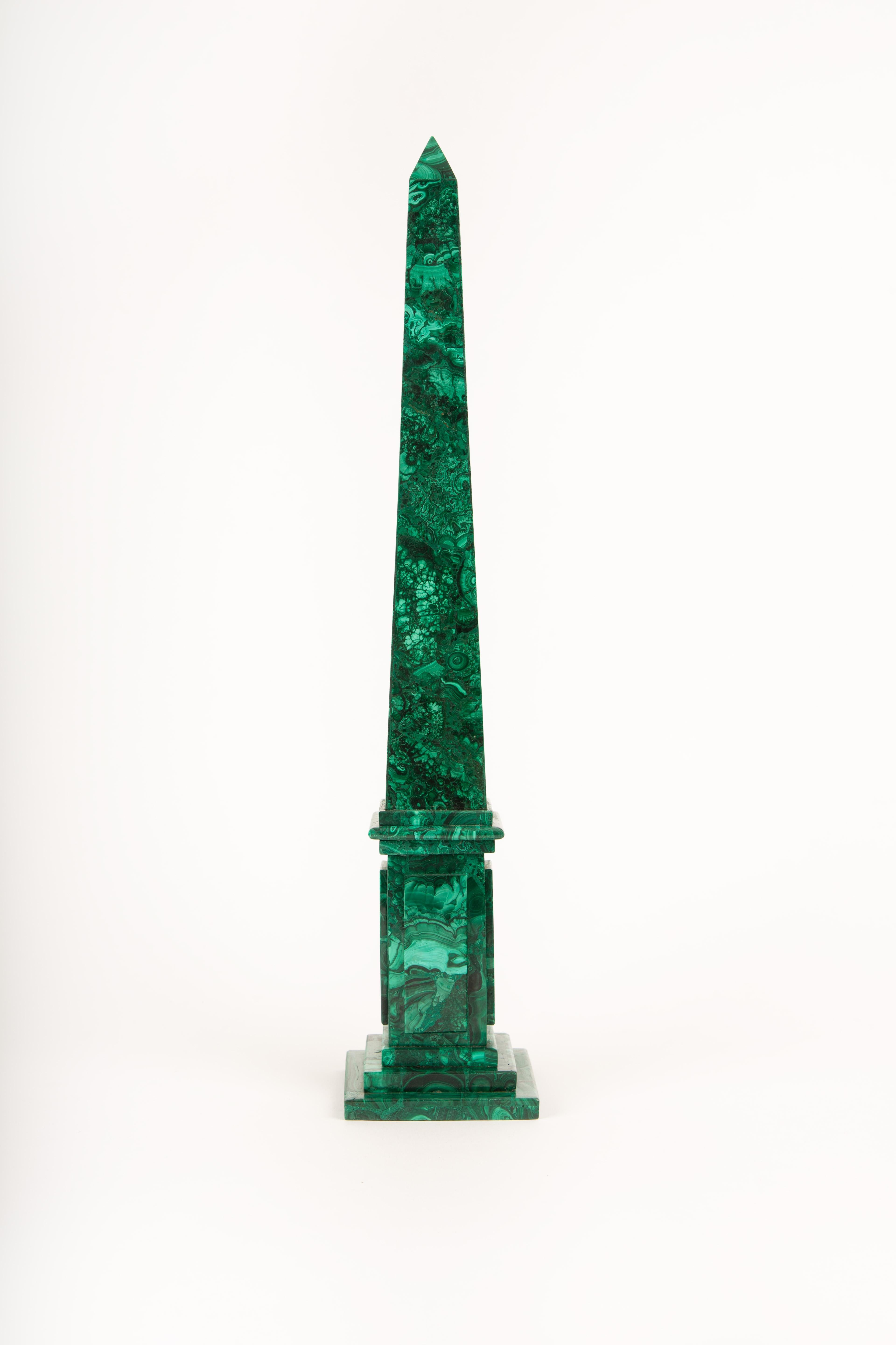 Egyptian Revival Verdant Monuments: Pair of Malachite Obelisks, 19.5