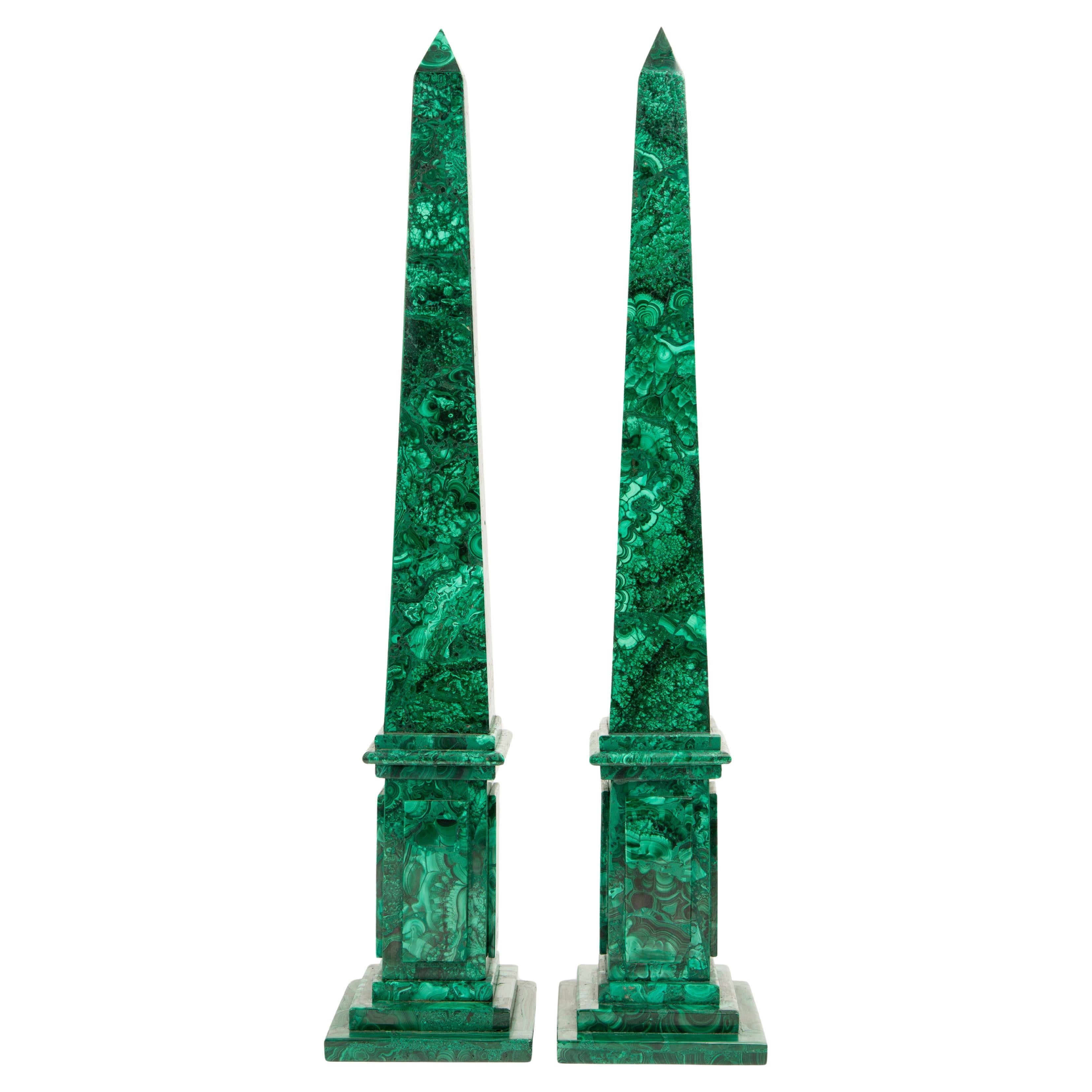 Verdant Monuments: Pair of Malachite Obelisks, 19.5"