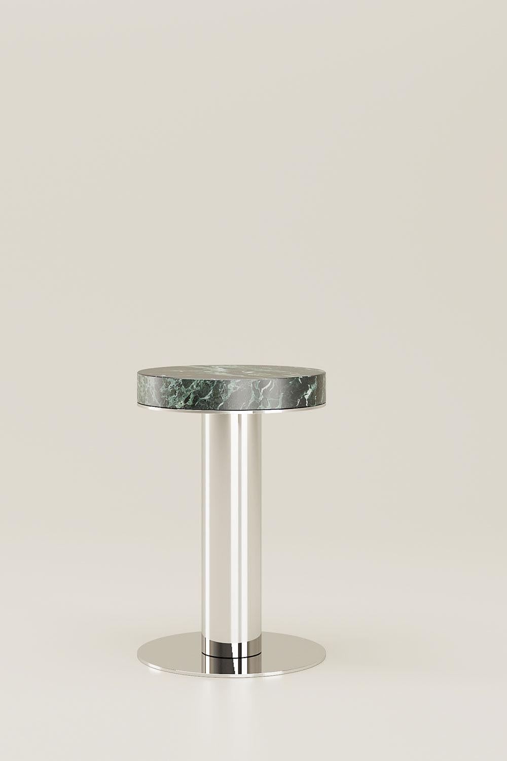 Verde Alpi Nail Side Table by Andrea Bonini
Limited Edition
Dimensions: Ø 35 x H 60 cm.
Materials: Verde Alpi marble and polished steel. 

Made in Italy. Limited series, numbered and signed pieces. Custom size or finish on request.  Also available