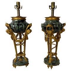 Verde Antico Marble Urns as Lamps After Pierre Gouthiere, a Pair