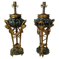 Verde Antico Marble Urns As Lamps After Pierre Gouthiere